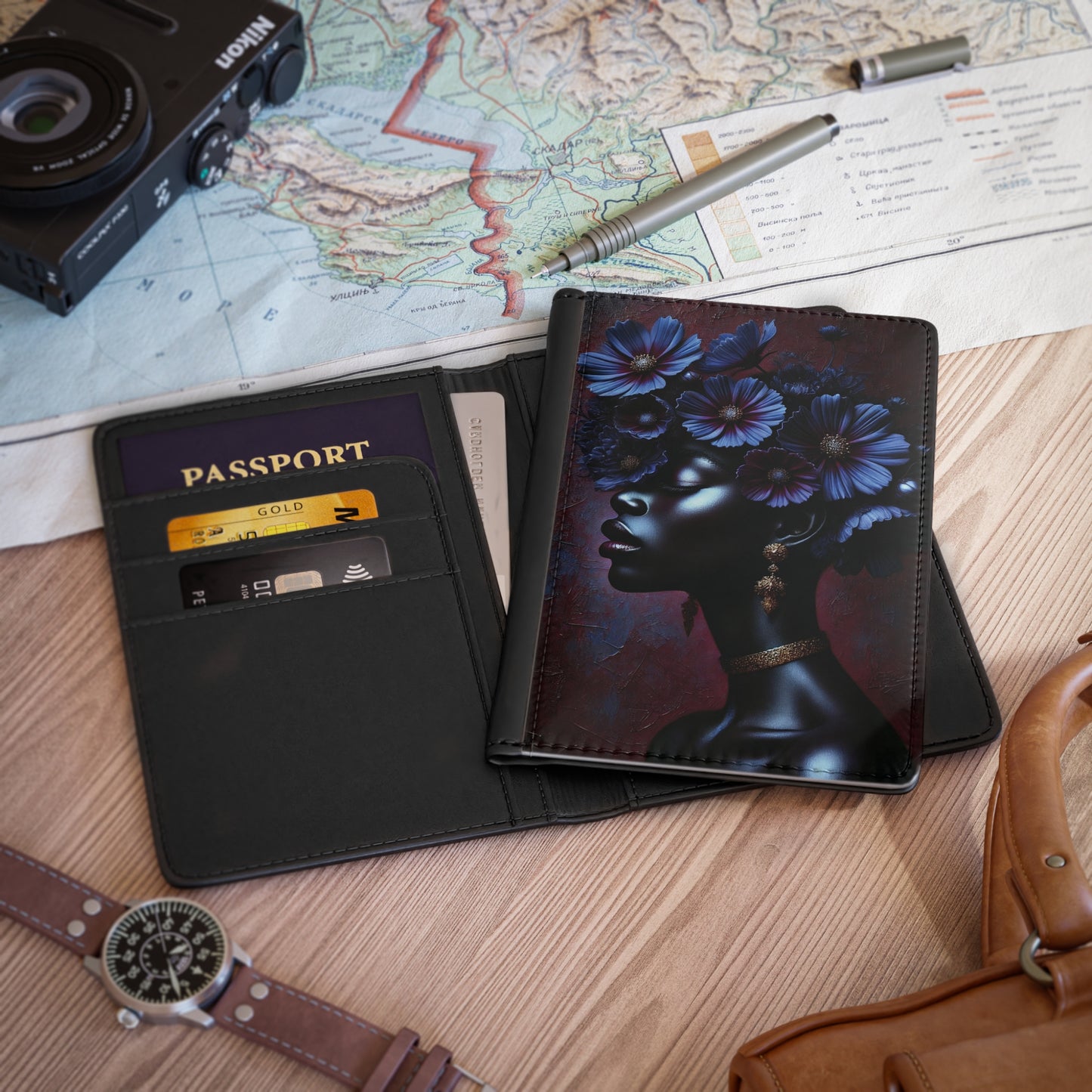 Afro Floral Profile Passport Cover | Black Woman Silhouette, Purple Flowers