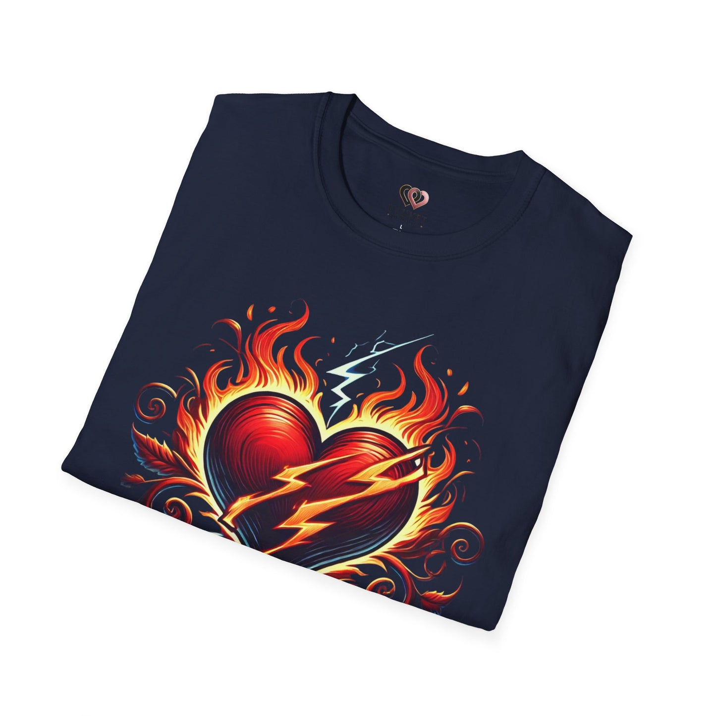 Flaming Heart Unisex Softstyle T-Shirt – Vintage Rock Tee, Gift for Him, Graphic Shirt, Festival Outfit, Casual Wear