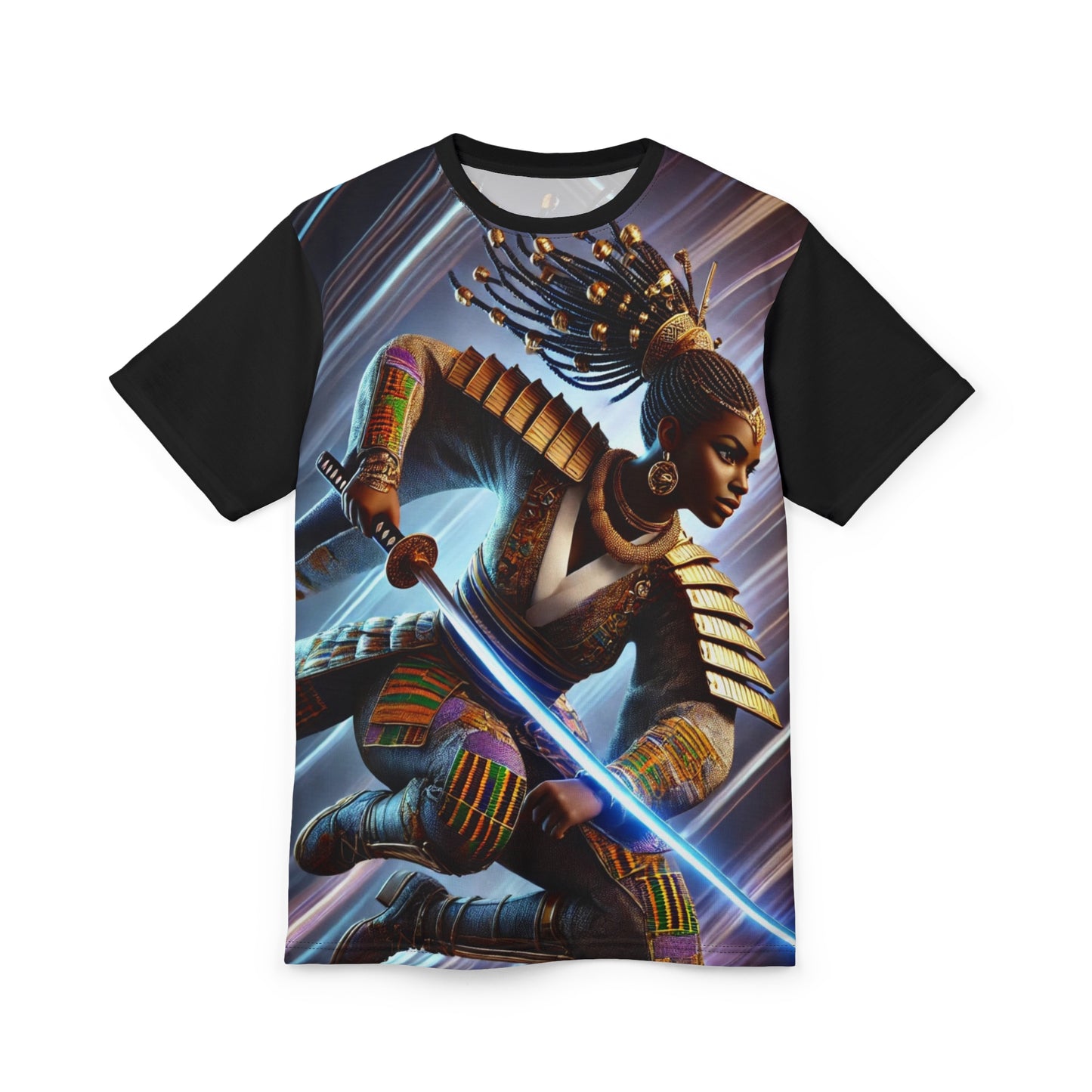 Warrior Queen Graphic Tee — Futuristic Kinetic African Warrior Design