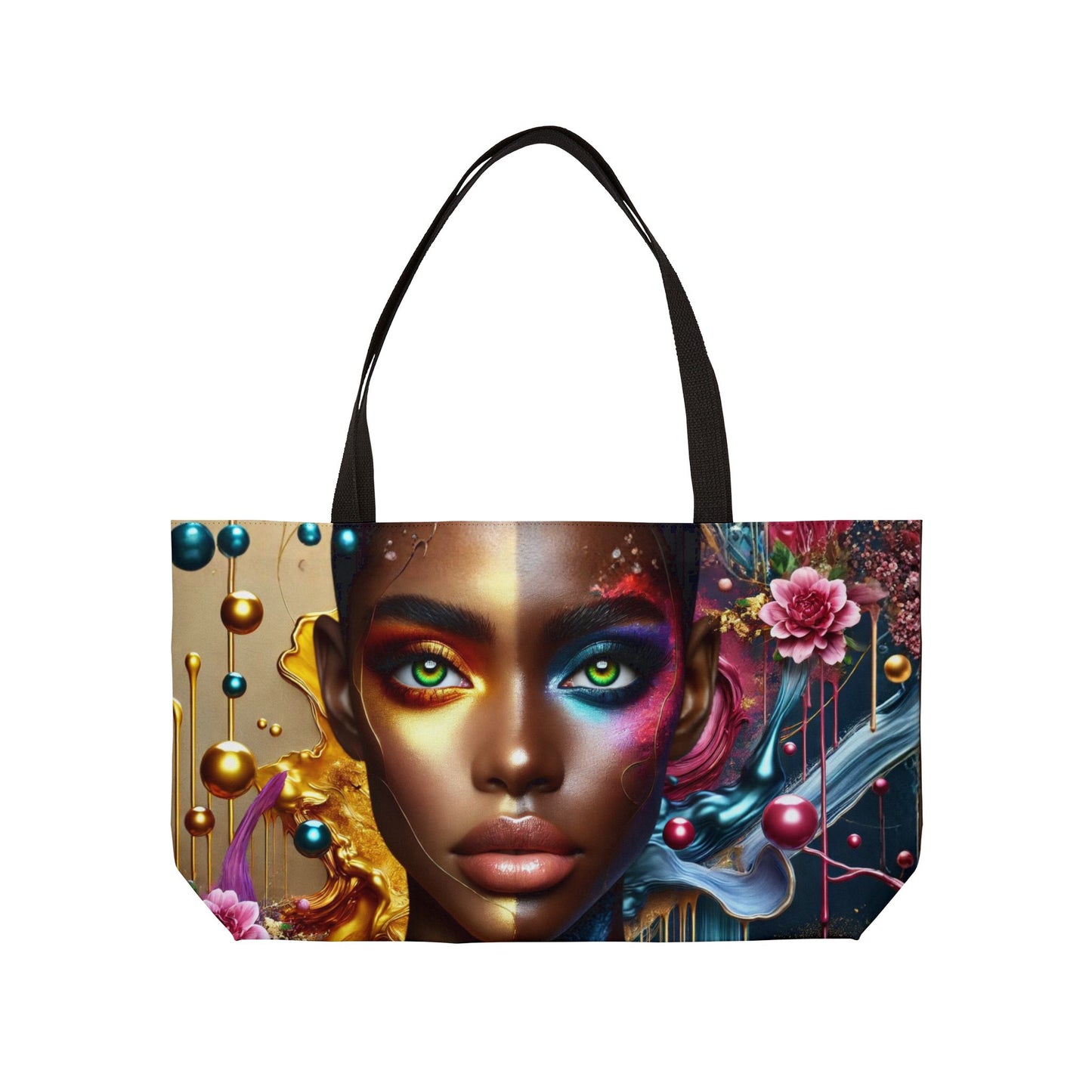Customizable Colorful Afro-Fantasy Face Weekender Tote. Personalized Name Option