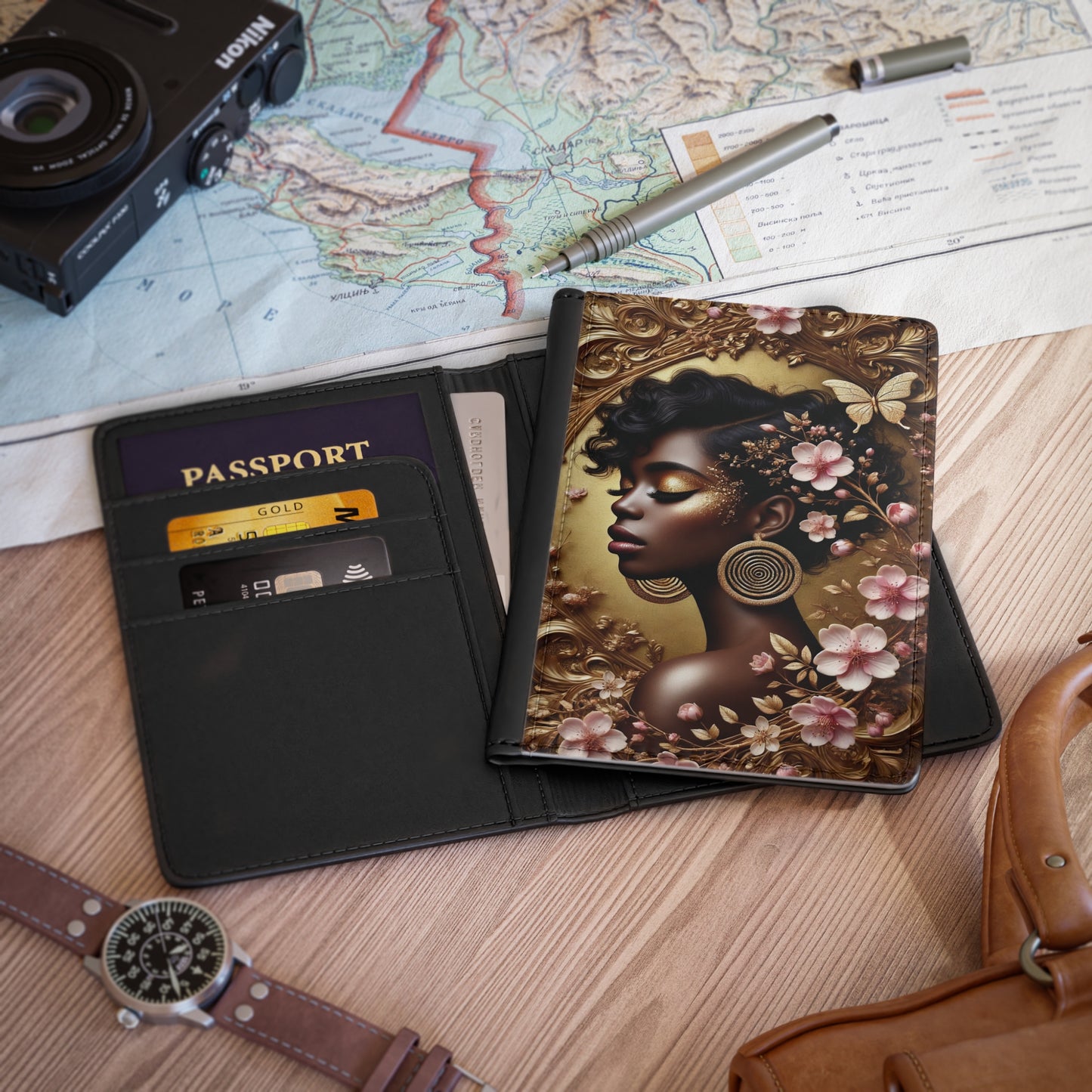 Afro Floral Portrait Passport Cover | Black Woman Profile, Gold Accents