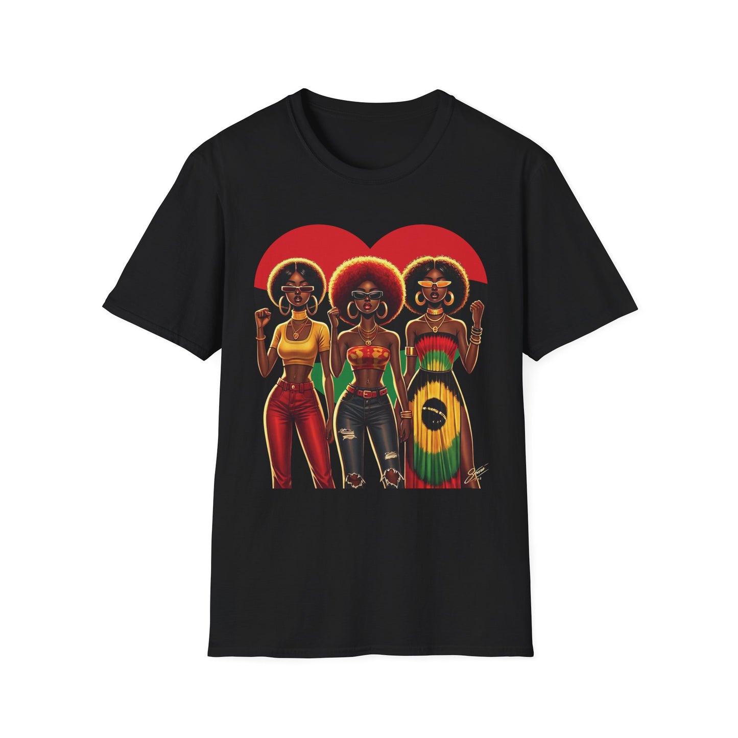 Black Queen Sisters Graphic T-Shirt – Afrocentric Pride, Red-Gold-Green Heart Design