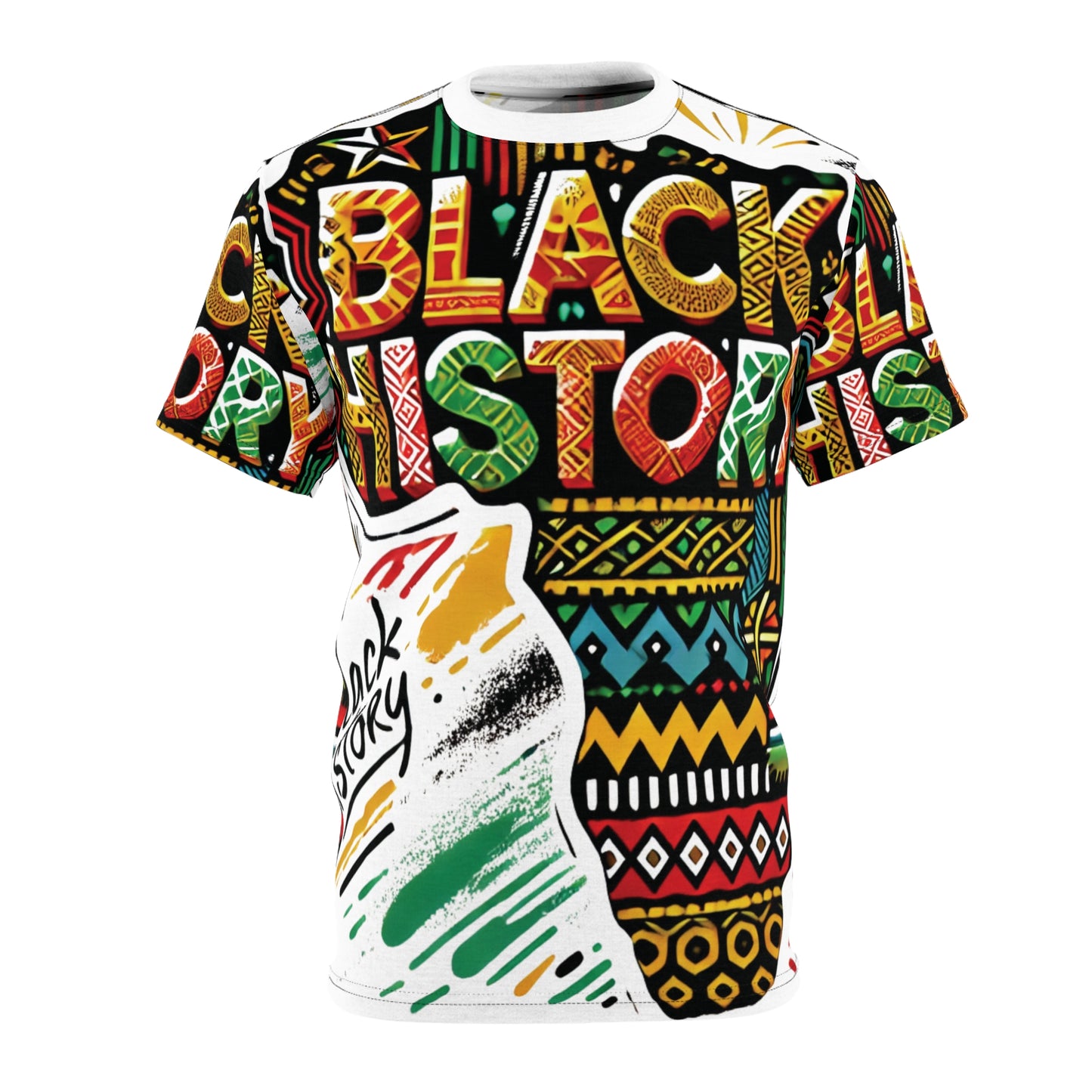 Black History All-Over Print Tee — Bold Afrocentric Pattern & "Black History" Design