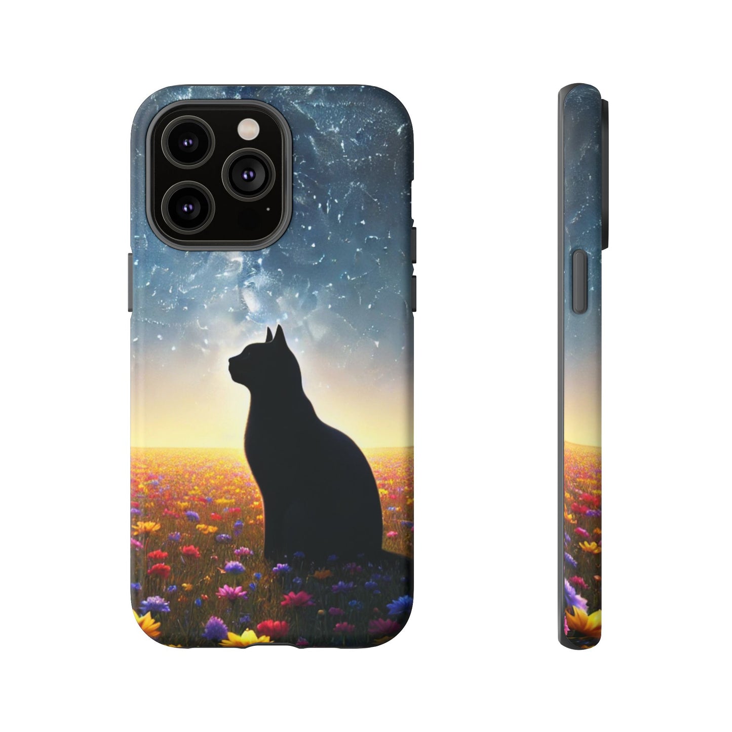 Cat Silhouette Phone Case | Floral Night Sky Design | Unique Gift, Cat Lover, Nature Lover, Birthday, Handmade