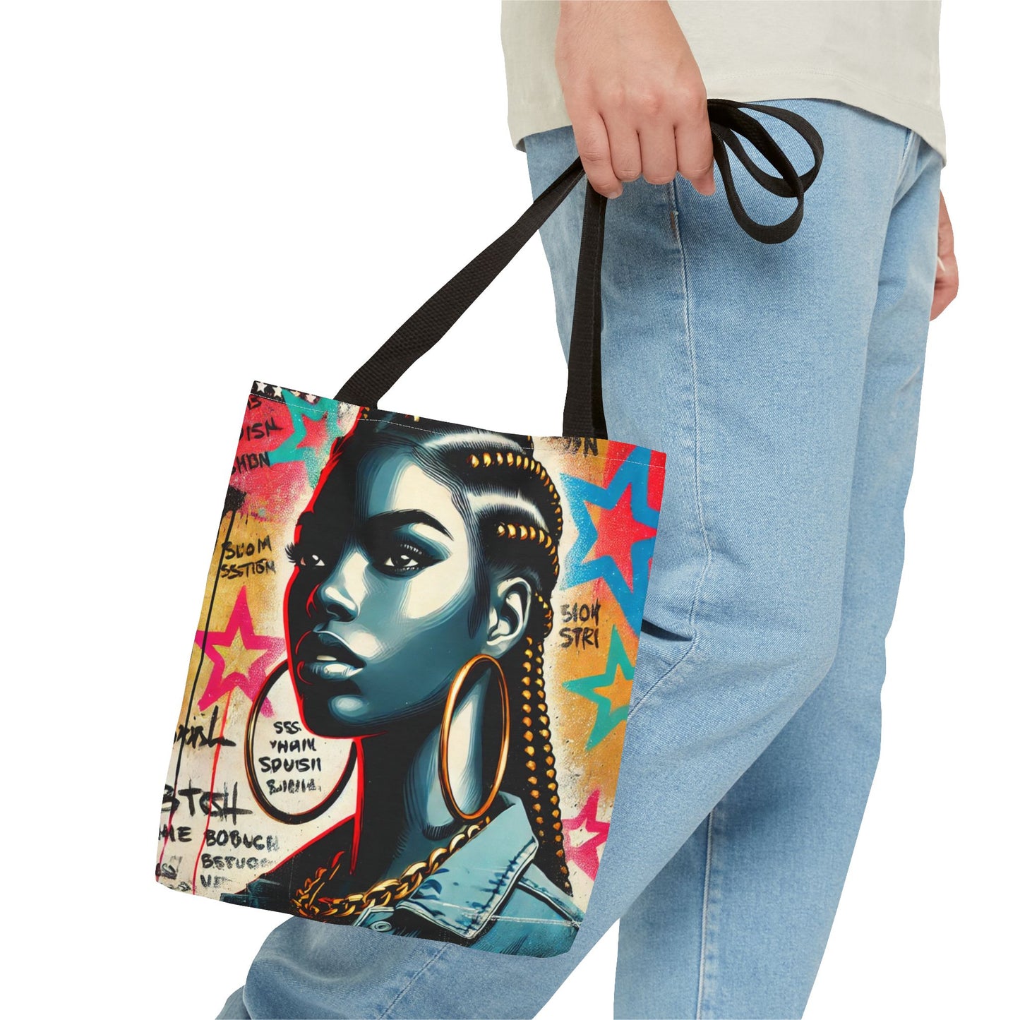 Braided Woman Portrait Tote Bag | Urban Graffiti Art, Colorful Star Background