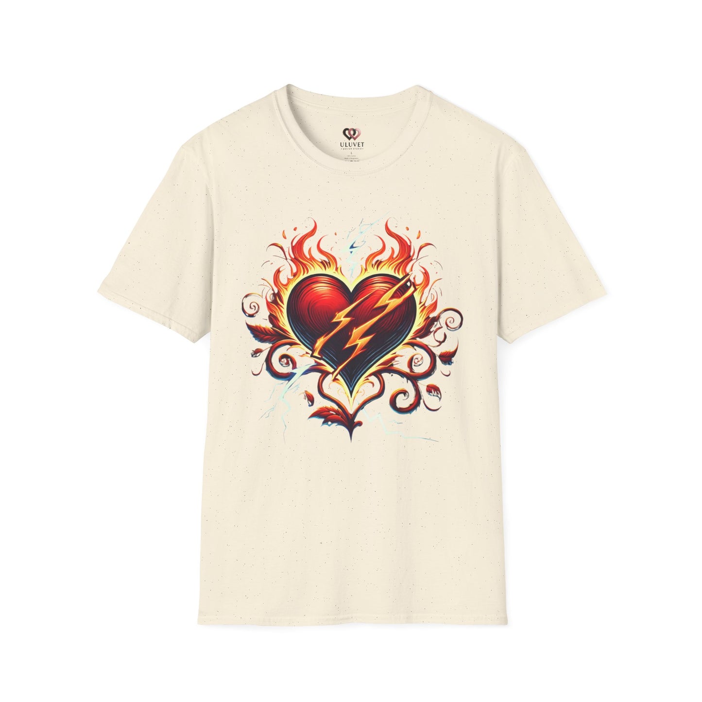 Flaming Heart Unisex Softstyle T-Shirt – Vintage Rock Tee, Gift for Him, Graphic Shirt, Festival Outfit, Casual Wear