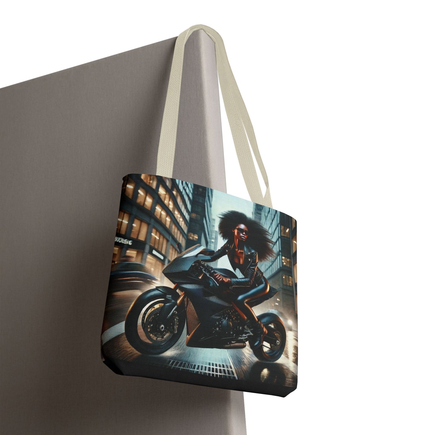 Afro Biker Tote Bag  Urban Motorcycle Rider Print