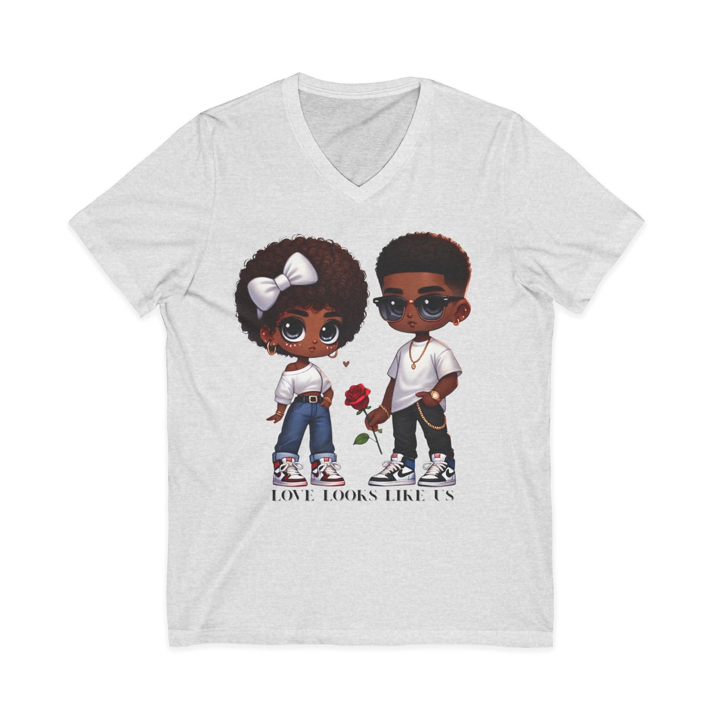 Love Looks Like Us V-Neck Tee — Cute Couple Cartoon Black Love Shirt