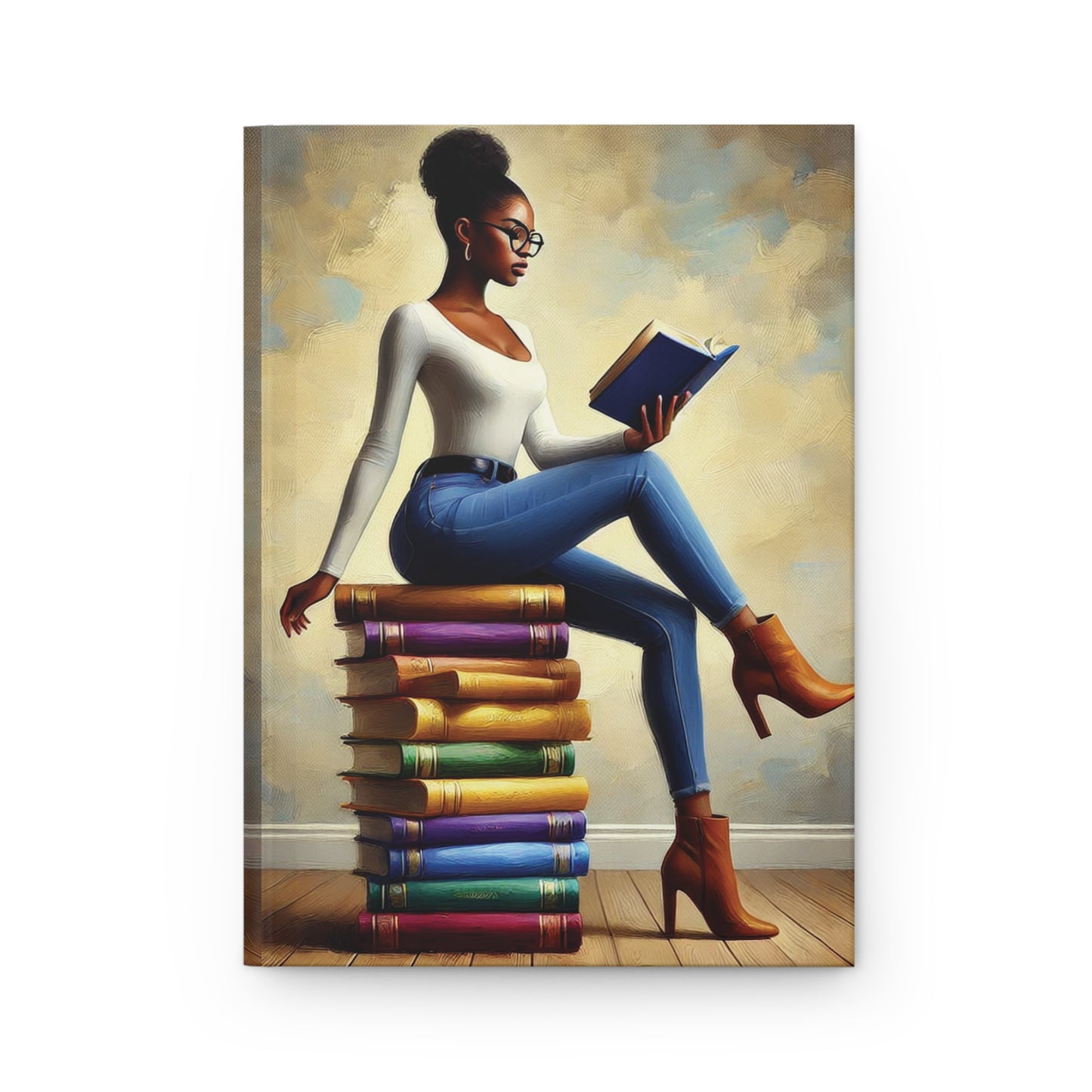 Stylish Black Woman Reading on Stack of Books Hardcover Journal