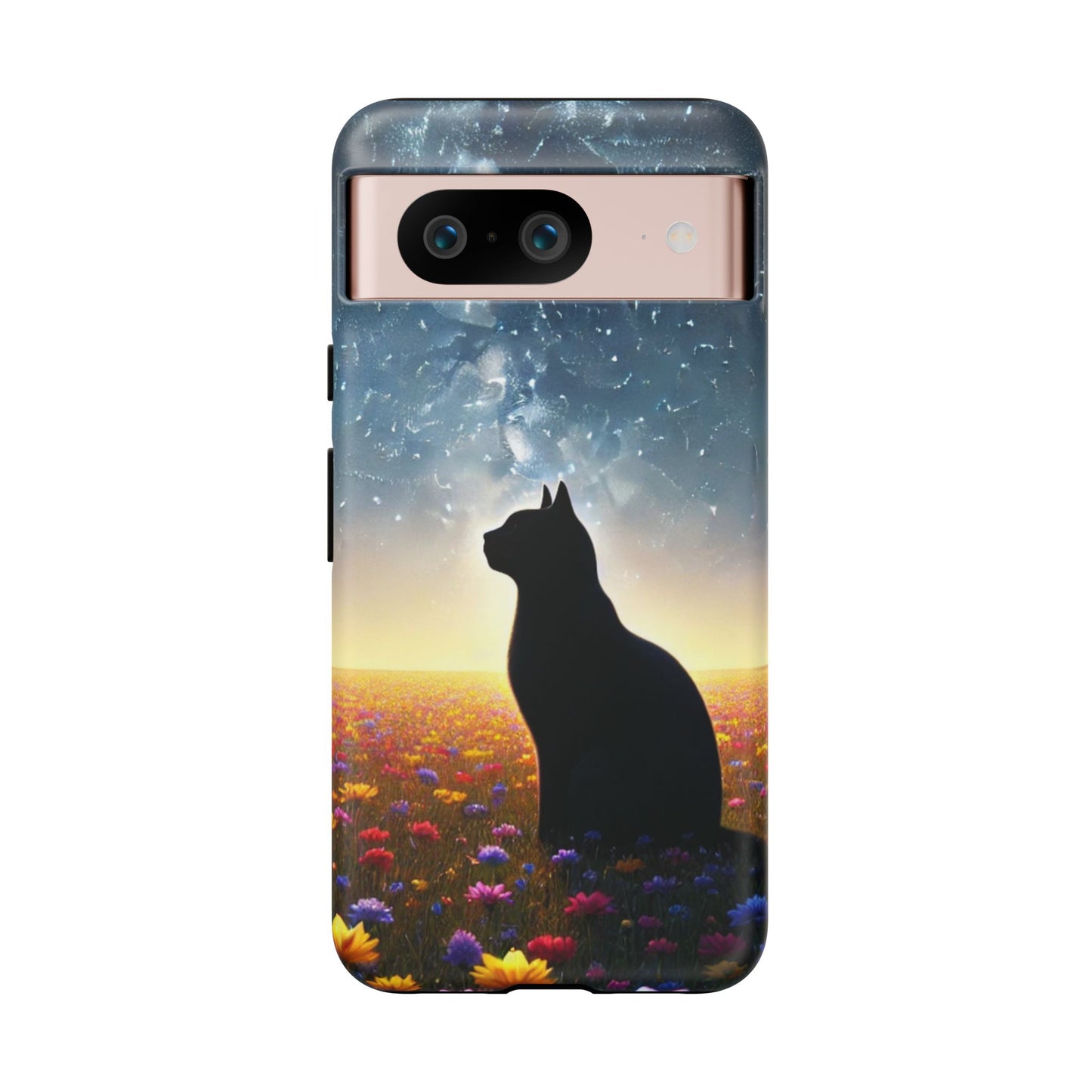 Cat Silhouette Phone Case | Floral Night Sky Design | Unique Gift, Cat Lover, Nature Lover, Birthday, Handmade