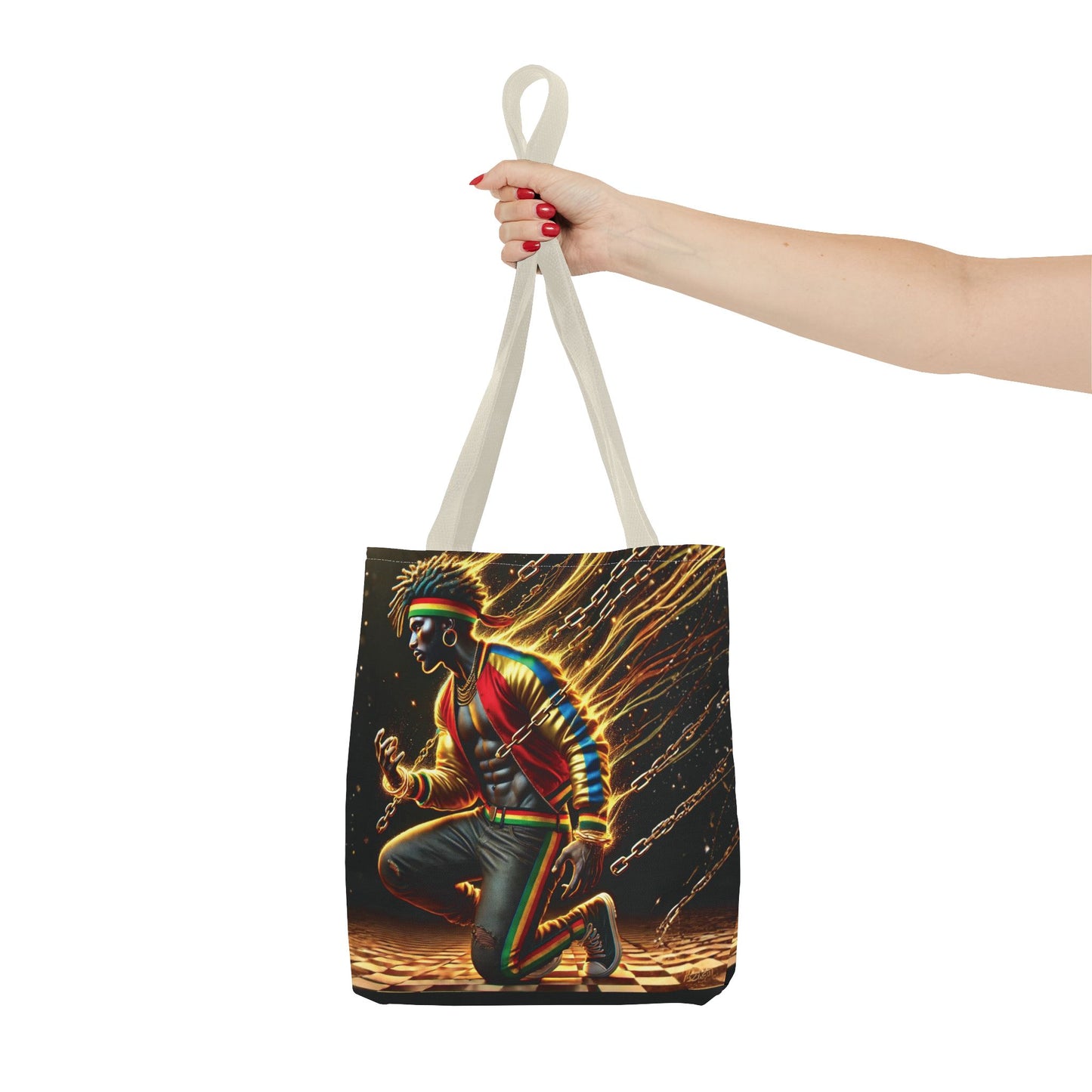 Kneeling Figure with Chains Tote Bag | Neon Retro Street Art