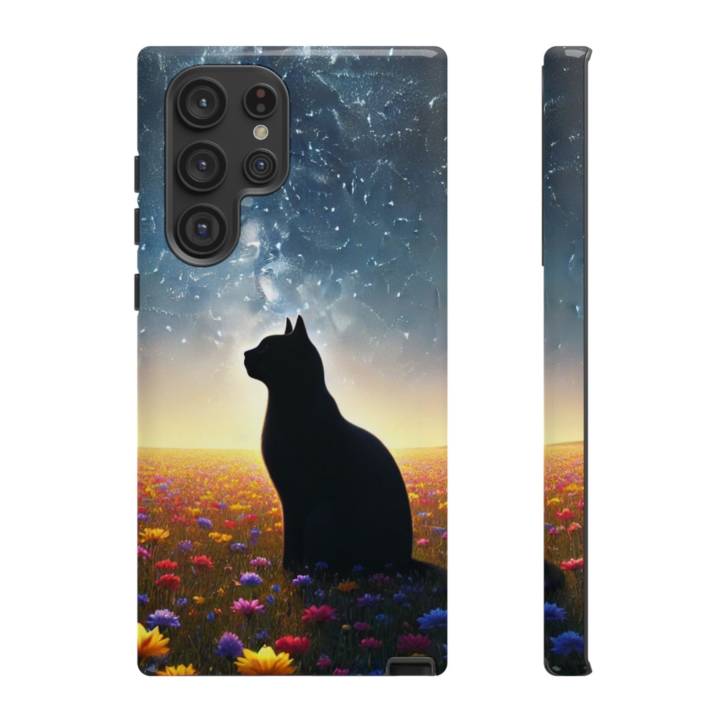 Cat Silhouette Phone Case | Floral Night Sky Design | Unique Gift, Cat Lover, Nature Lover, Birthday, Handmade