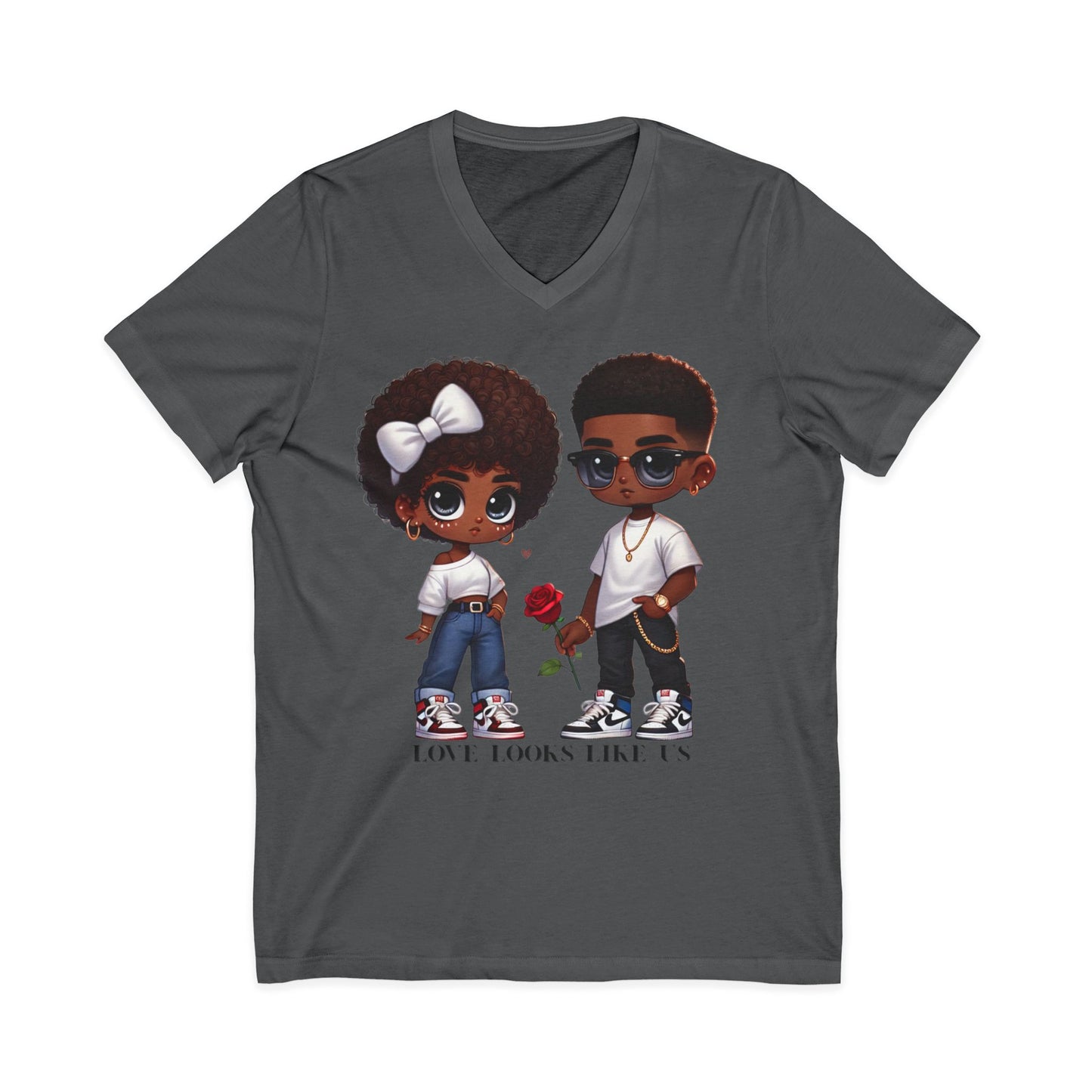 Love Looks Like Us V-Neck Tee — Cute Couple Cartoon Black Love Shirt