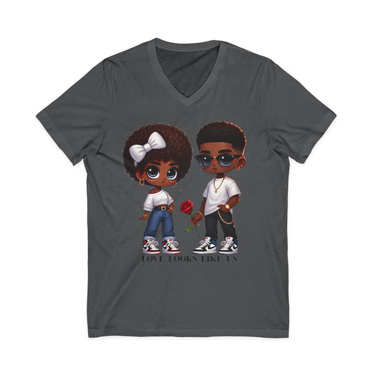 Love Looks Like Us V-Neck Tee — Cute Couple Cartoon Black Love Shirt