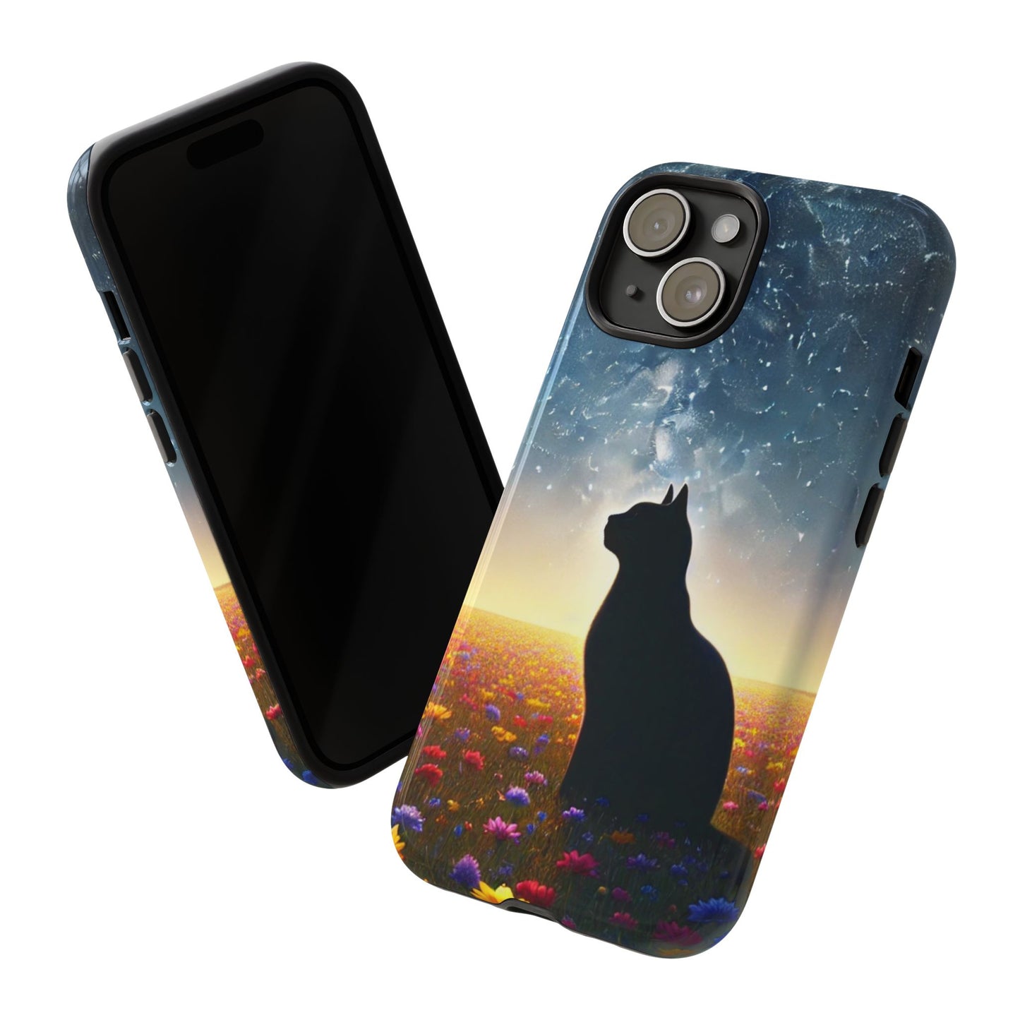 Cat Silhouette Phone Case | Floral Night Sky Design | Unique Gift, Cat Lover, Nature Lover, Birthday, Handmade