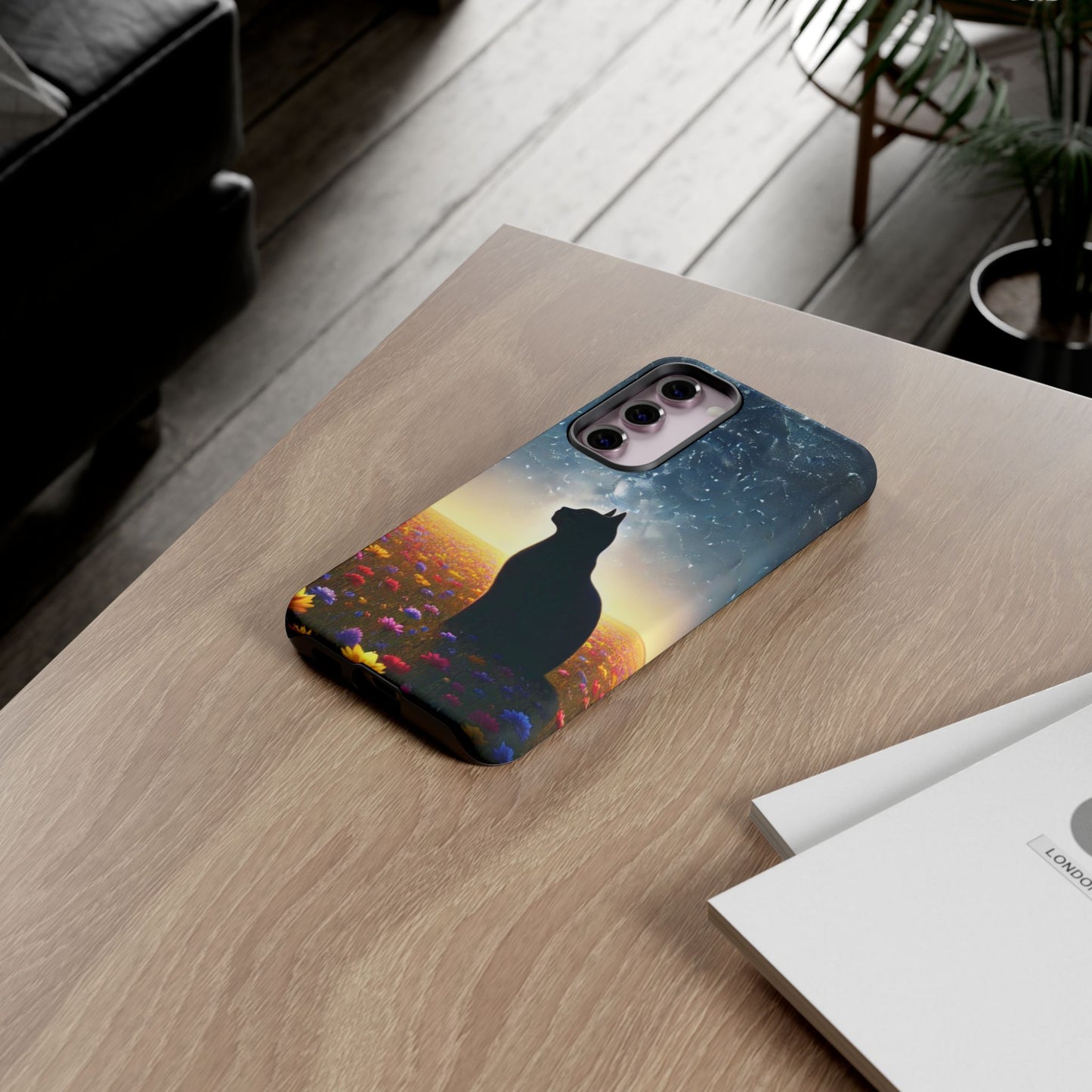 Cat Silhouette Phone Case | Floral Night Sky Design | Unique Gift, Cat Lover, Nature Lover, Birthday, Handmade