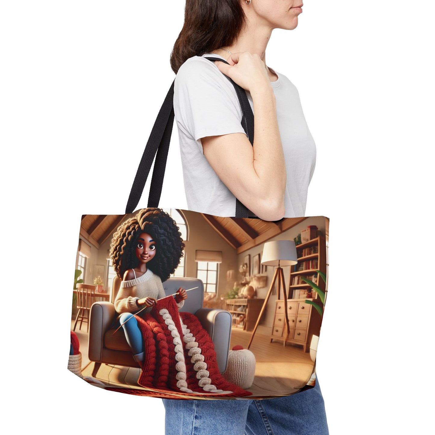Weekender Tote — Cozy Knitting Girl Illustration Travel Bag