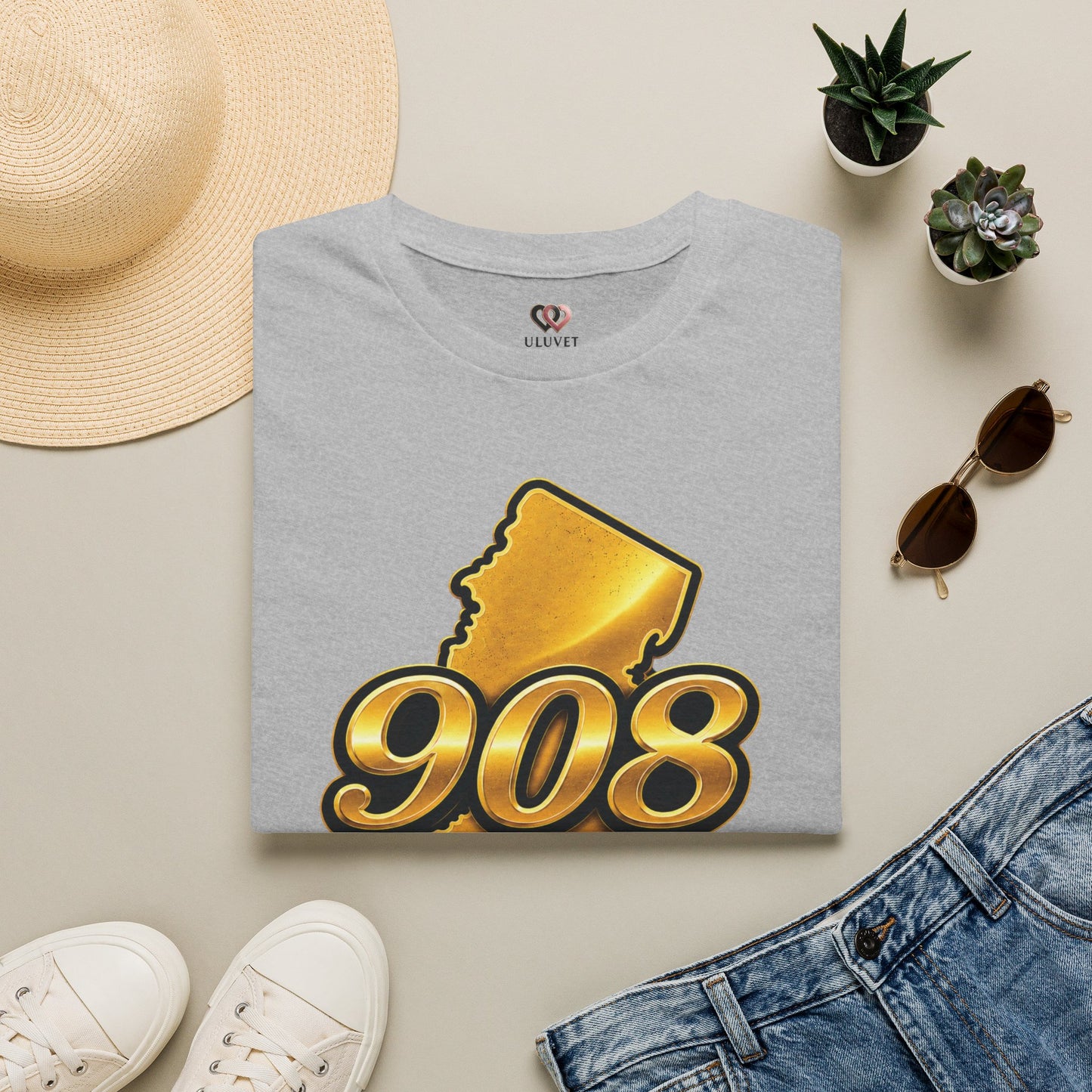 908 New Jersey T-Shirt — Gold State Outline Graphic Tee