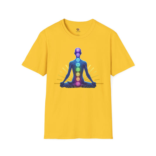 Chakra Meditation T-Shirt, Unisex Softstyle Tee, Spiritual Gift, Yoga Apparel, Mindfulness Shirt, Chakra Energy Design