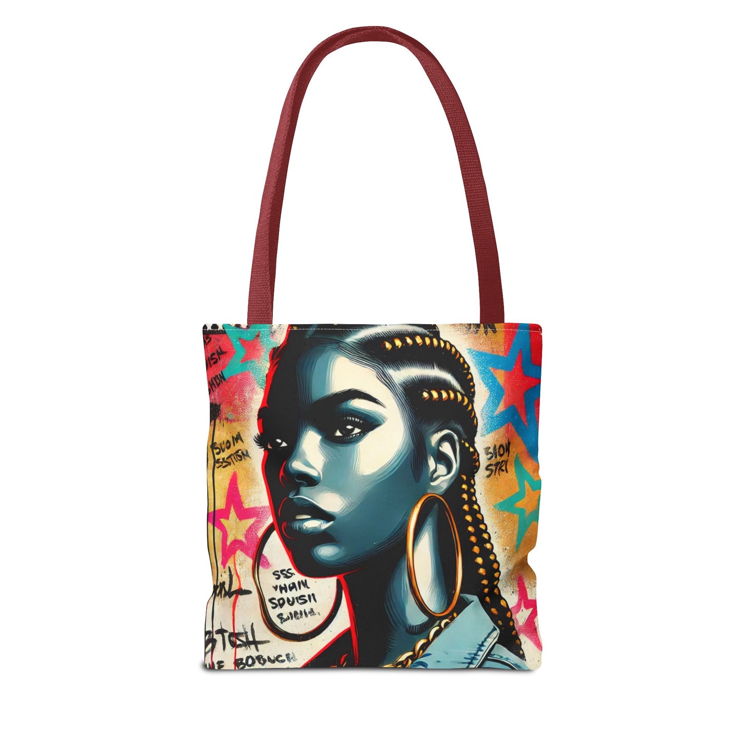 Braided Woman Portrait Tote Bag | Urban Graffiti Art, Colorful Star Background