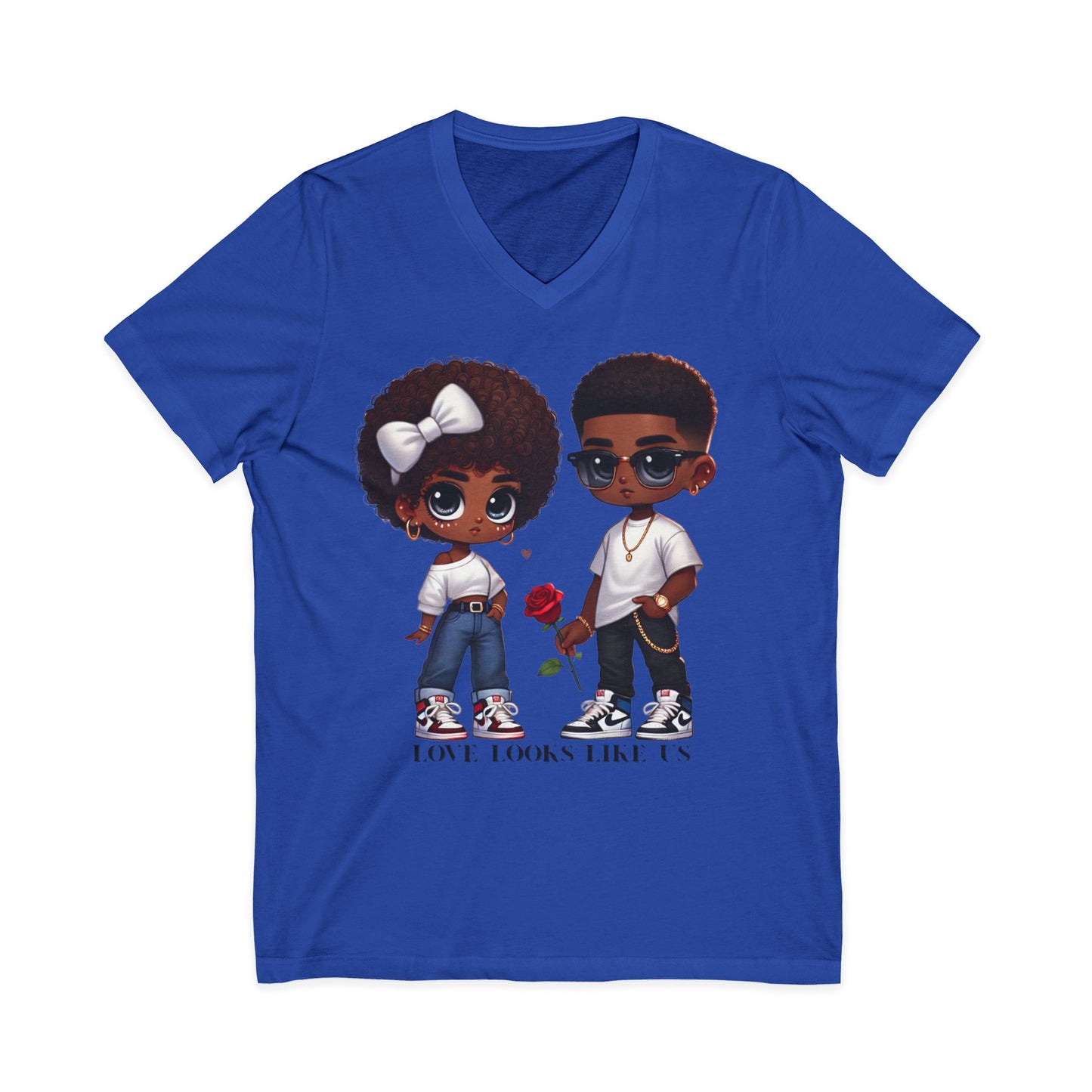 Love Looks Like Us V-Neck Tee — Cute Couple Cartoon Black Love Shirt