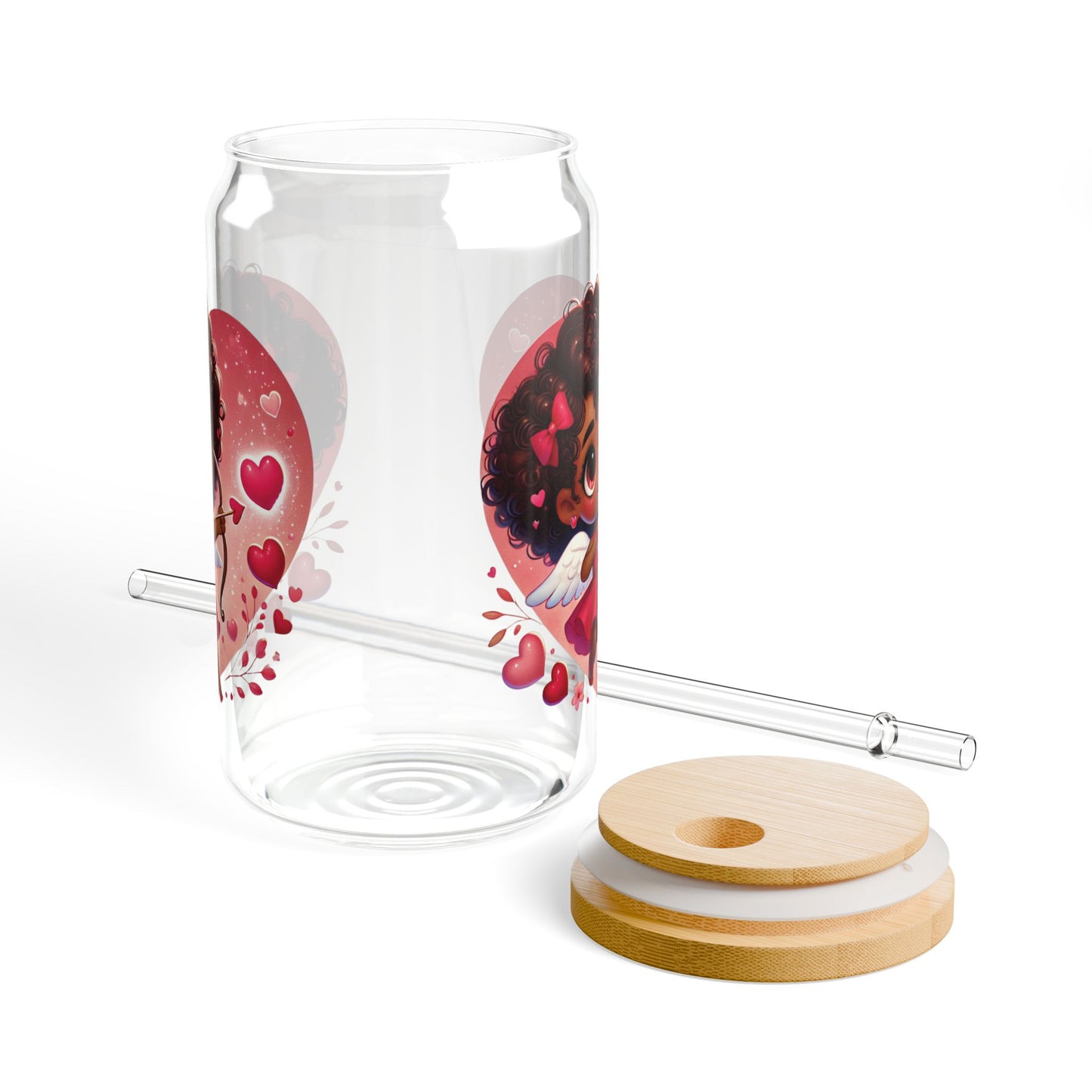 16oz Cupid Girl Sipper Glass — Cute Valentine Heart Straw Tumbler