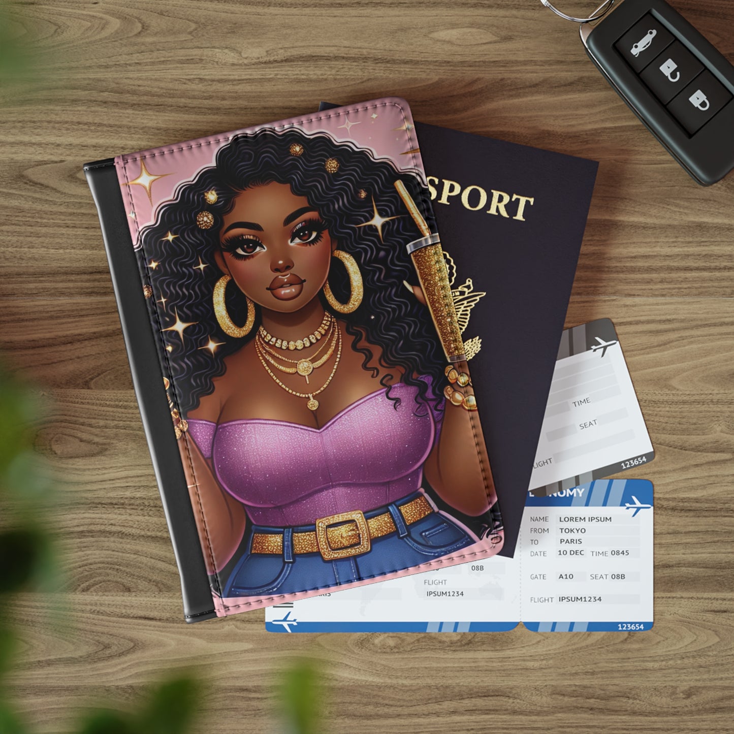 Curly Hair Glam Woman Passport Cover | Black Girl Magic, Gold Accessories