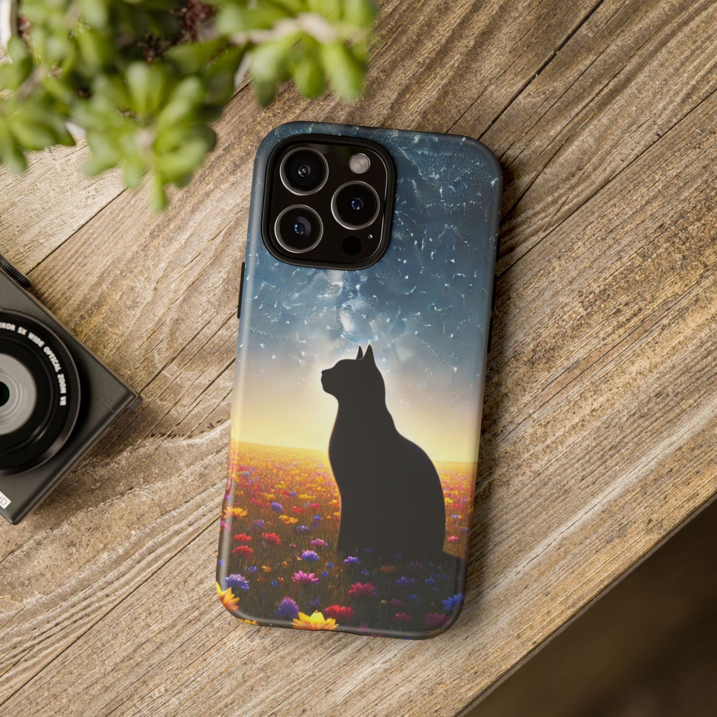 Cat Silhouette Phone Case | Floral Night Sky Design | Unique Gift, Cat Lover, Nature Lover, Birthday, Handmade