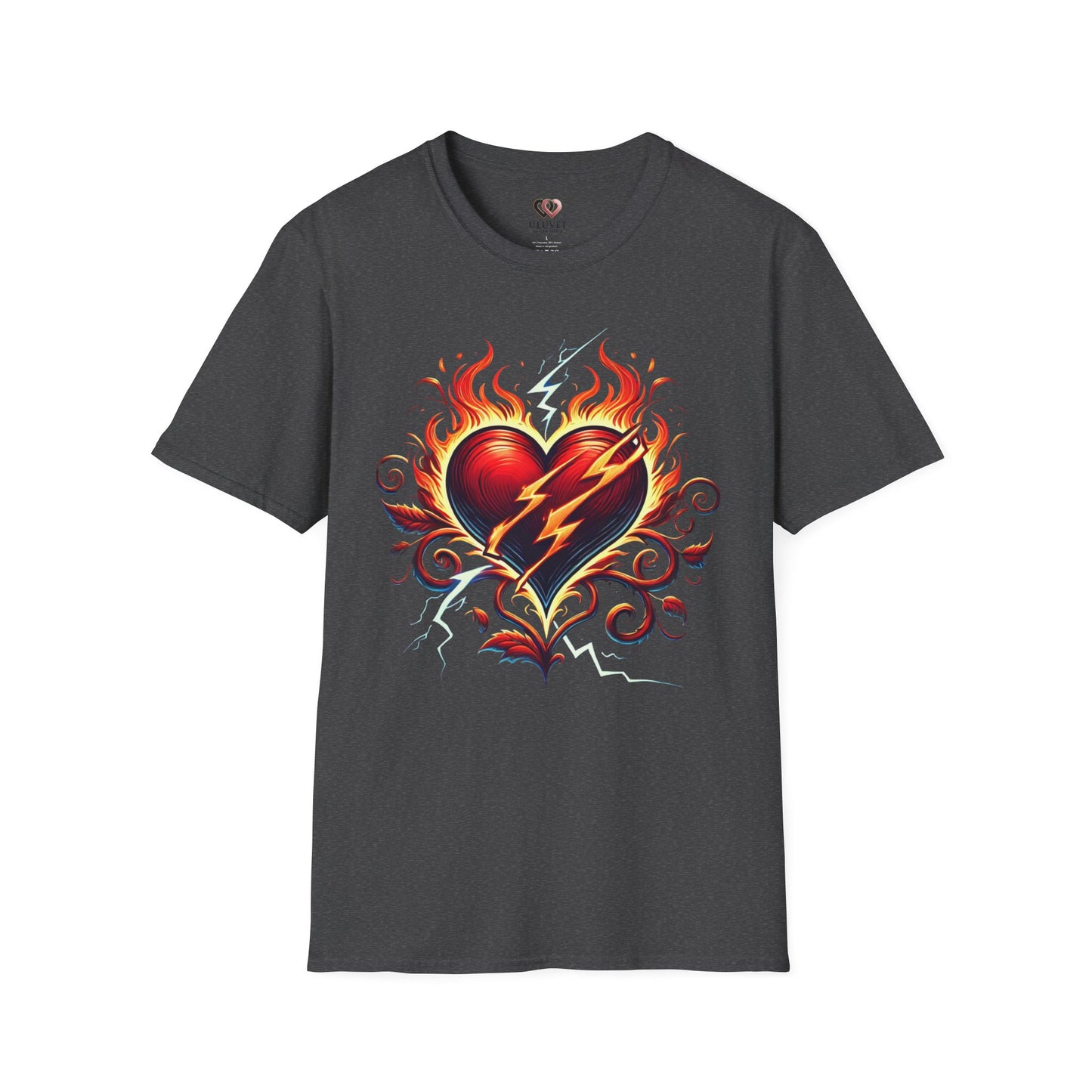 Flaming Heart Unisex Softstyle T-Shirt – Vintage Rock Tee, Gift for Him, Graphic Shirt, Festival Outfit, Casual Wear