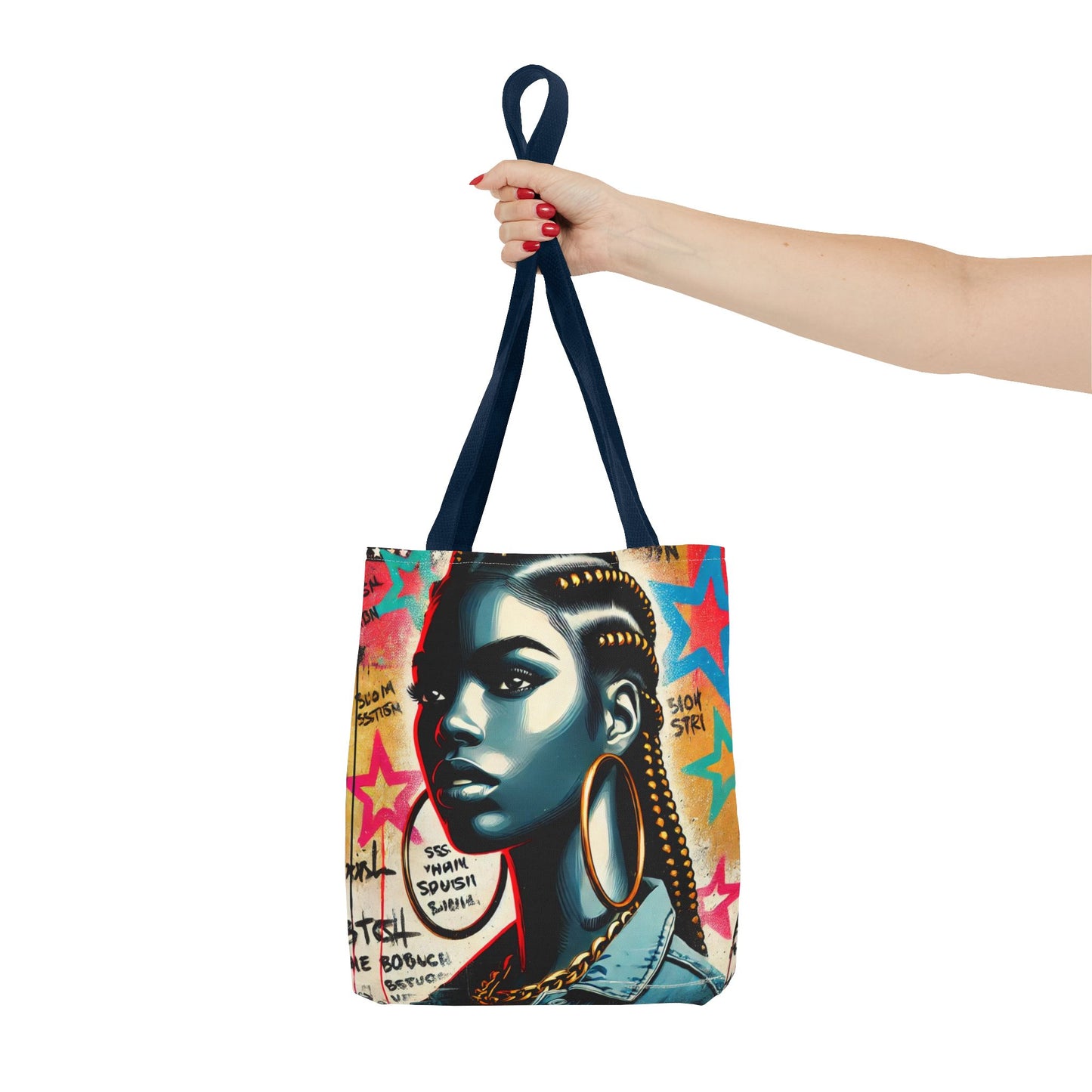 Braided Woman Portrait Tote Bag | Urban Graffiti Art, Colorful Star Background