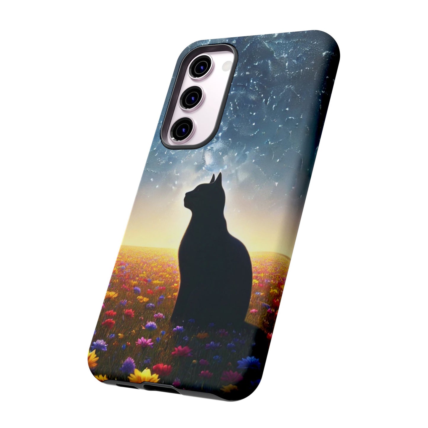Cat Silhouette Phone Case | Floral Night Sky Design | Unique Gift, Cat Lover, Nature Lover, Birthday, Handmade