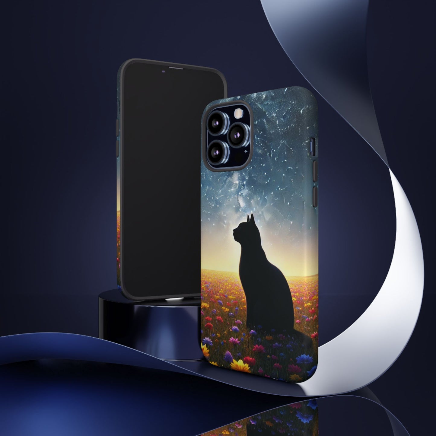 Cat Silhouette Phone Case | Floral Night Sky Design | Unique Gift, Cat Lover, Nature Lover, Birthday, Handmade