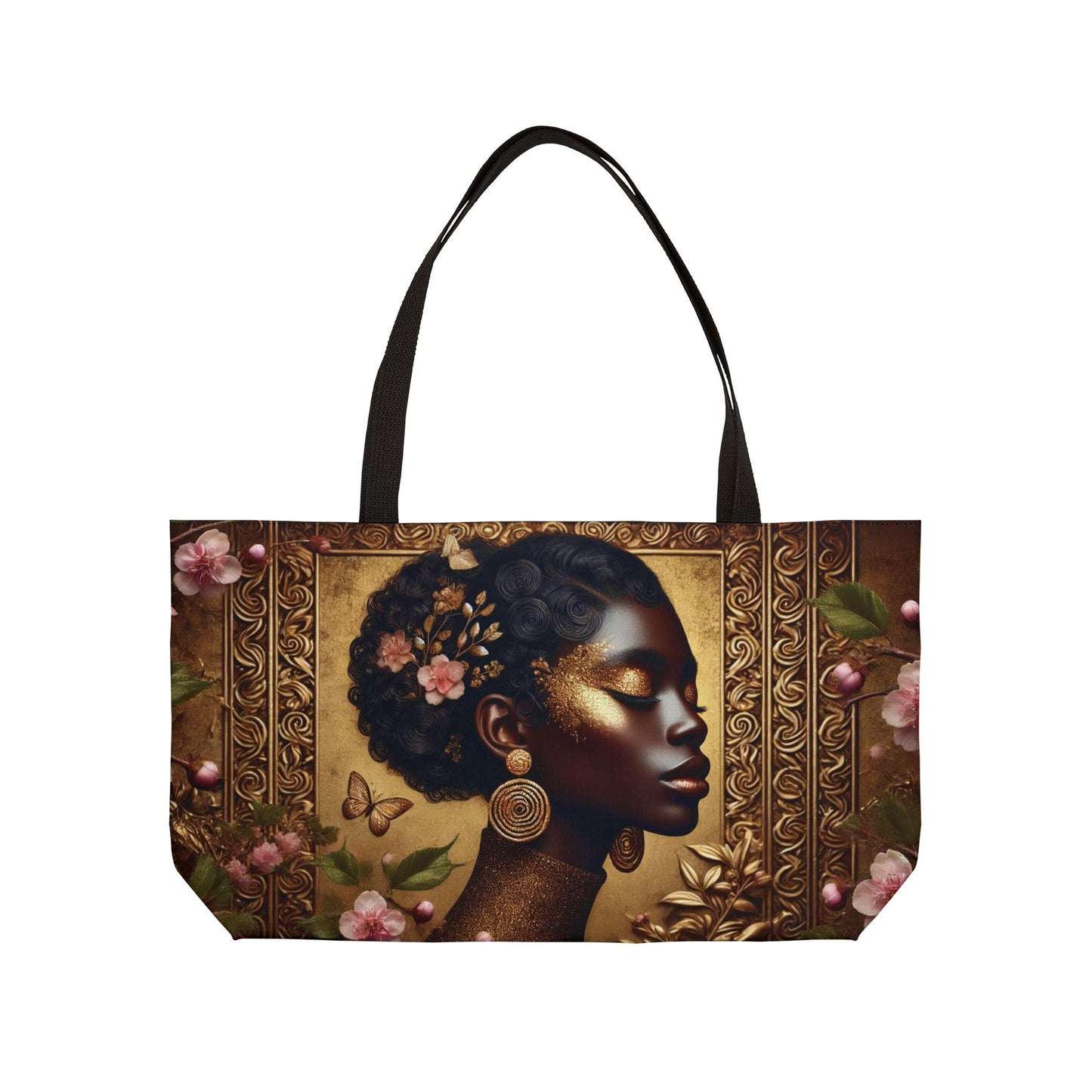 Afrocentric Profile Art Weekender Tote Bag | Floral Gold Portrait