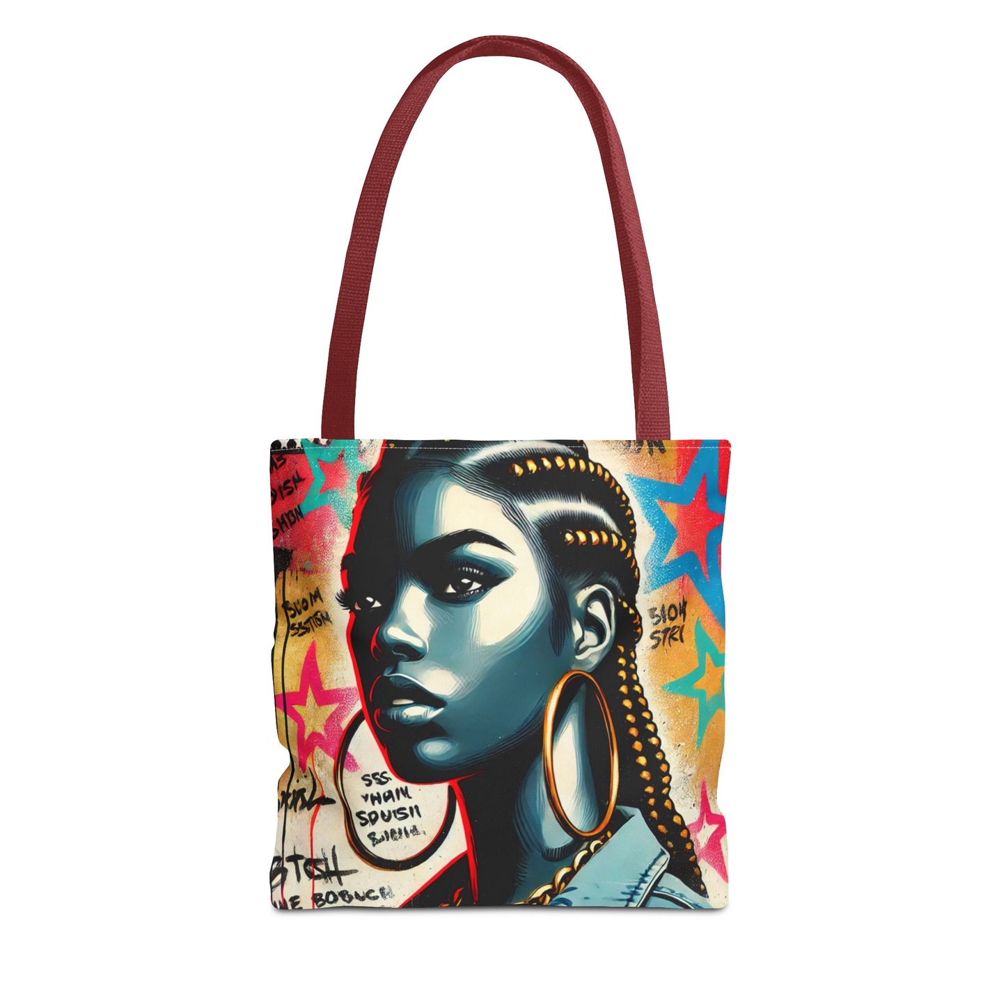 Braided Woman Portrait Tote Bag | Urban Graffiti Art, Colorful Star Background