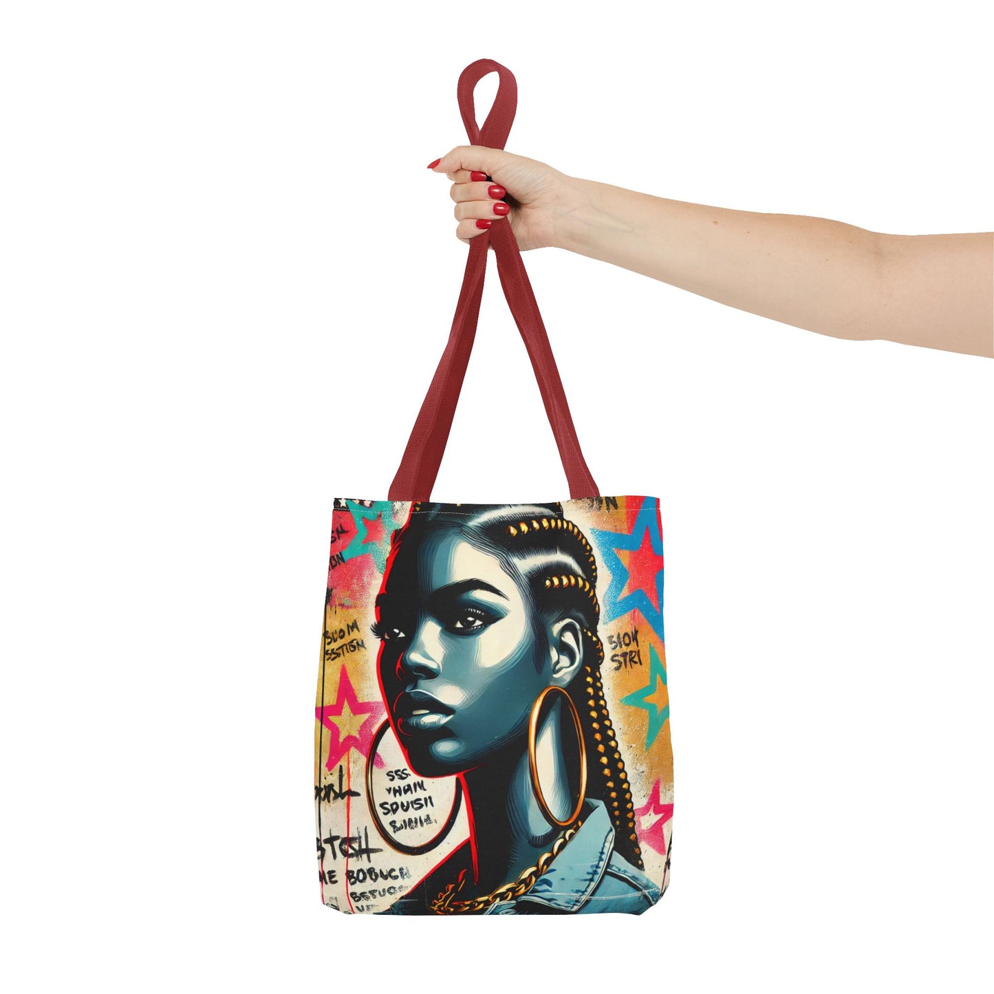 Braided Woman Portrait Tote Bag | Urban Graffiti Art, Colorful Star Background