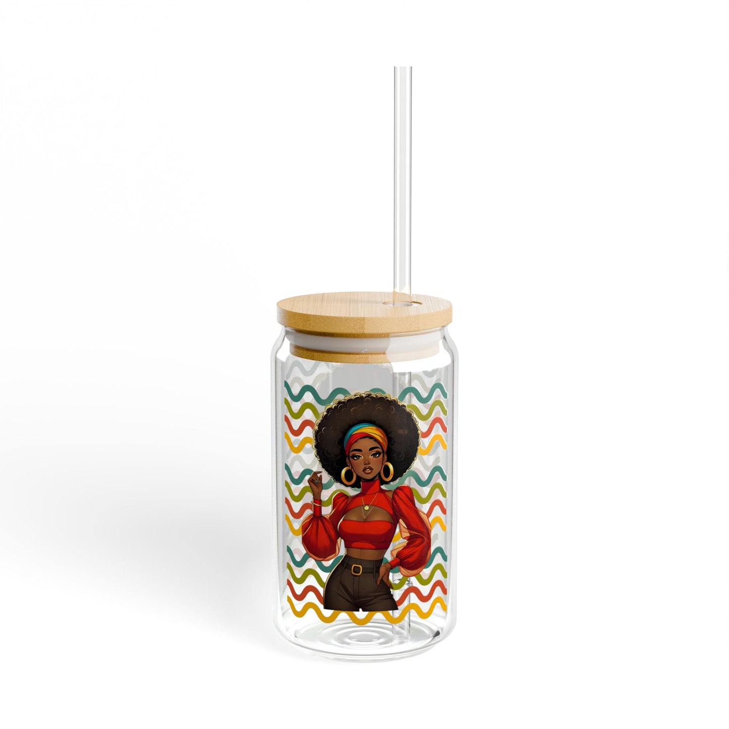 Afro Girl Retro Sipper Glass – 16oz Bamboo Lid & Straw