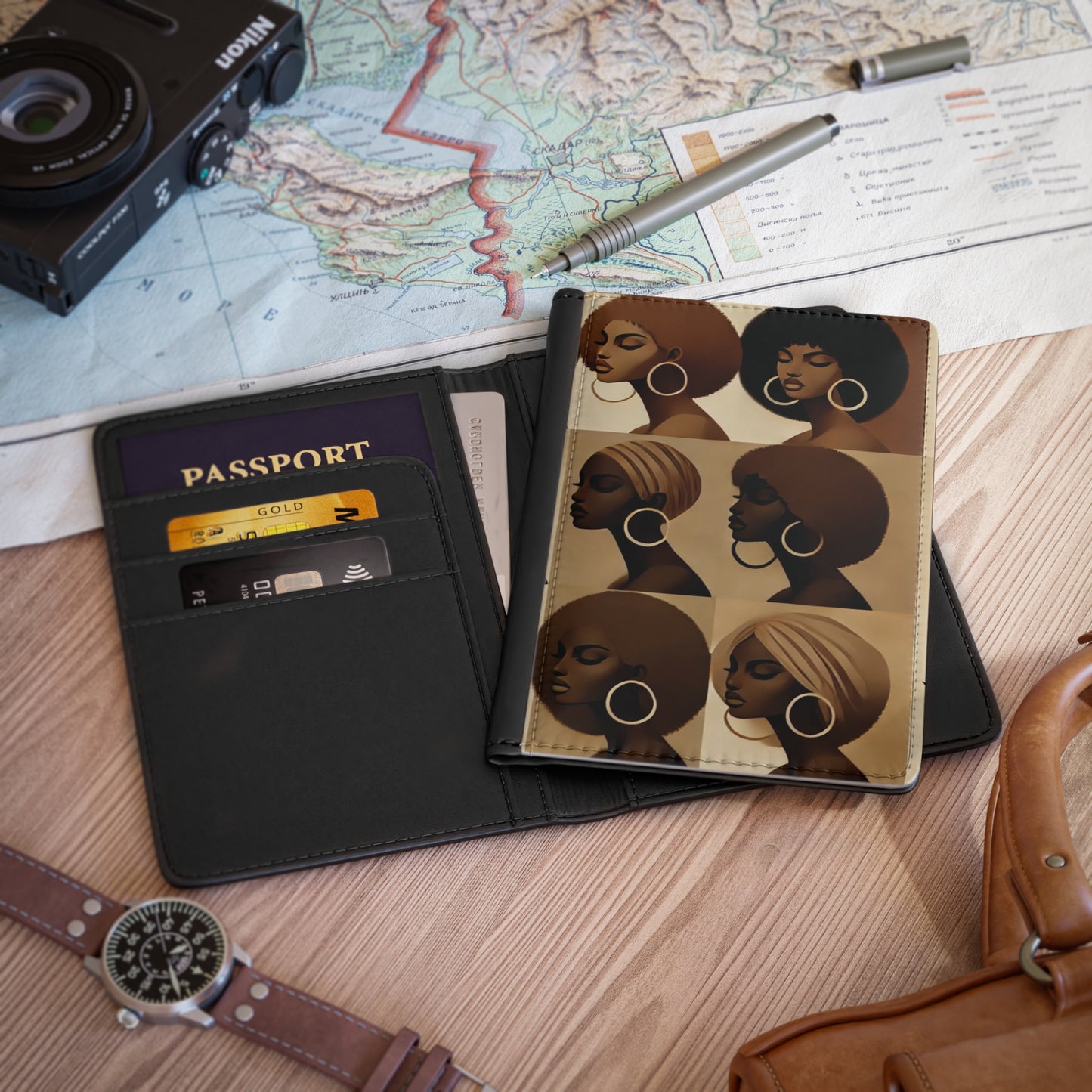 Afro Women Portraits Passport Cover | Brown Tones, Hoop Earrings