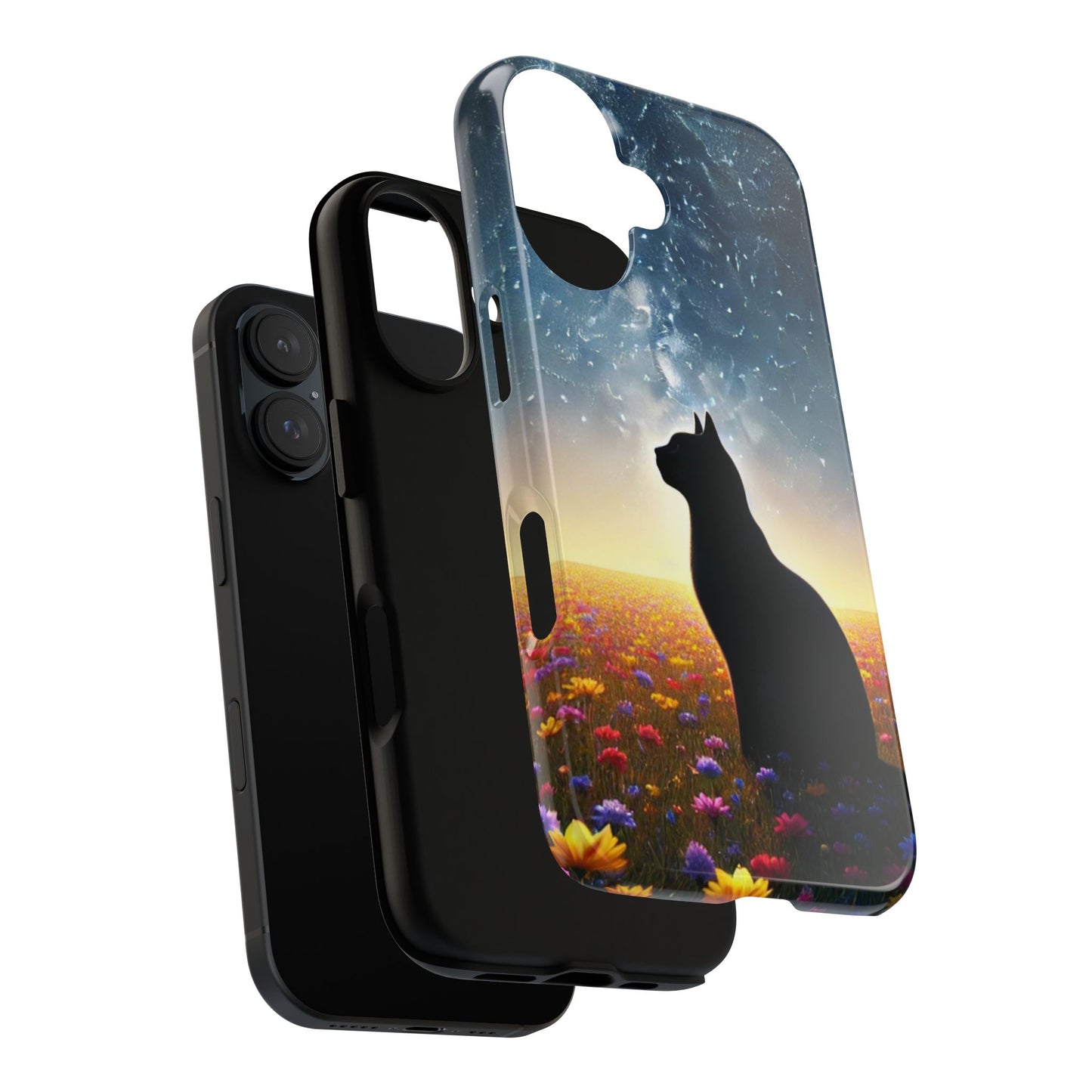 Cat Silhouette Phone Case | Floral Night Sky Design | Unique Gift, Cat Lover, Nature Lover, Birthday, Handmade