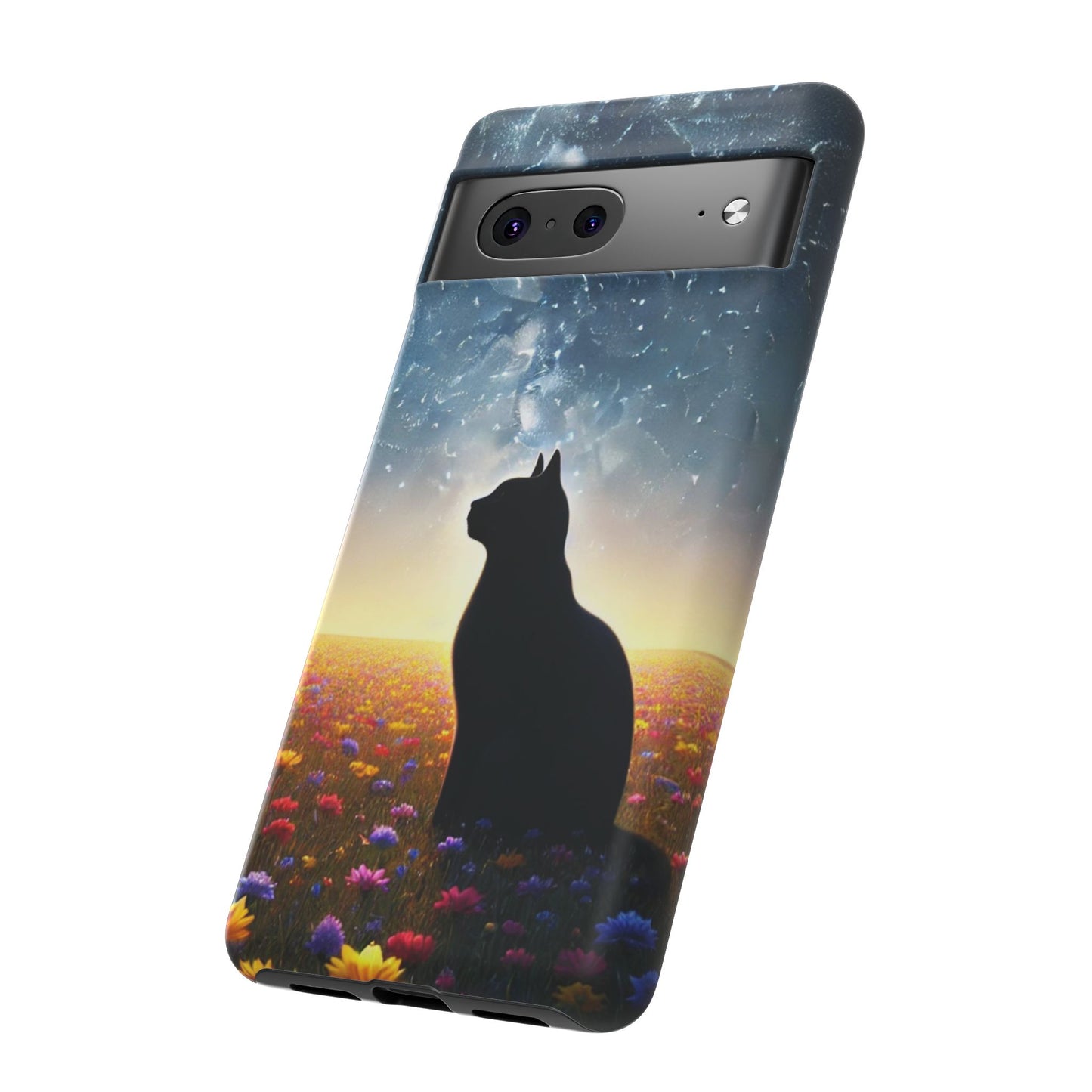 Cat Silhouette Phone Case | Floral Night Sky Design | Unique Gift, Cat Lover, Nature Lover, Birthday, Handmade