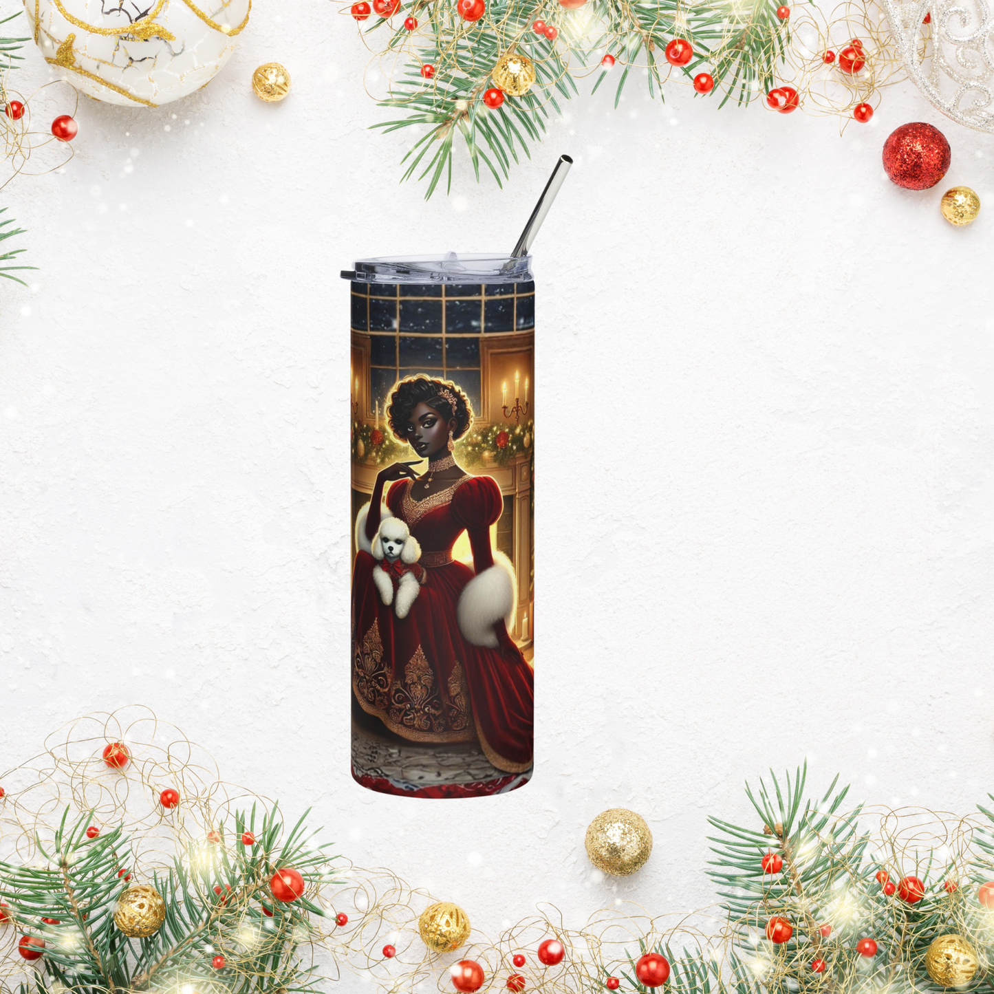 Festive Stainless Steel Tumbler - 20oz Elegant Lady & Holiday Cozy Vibes