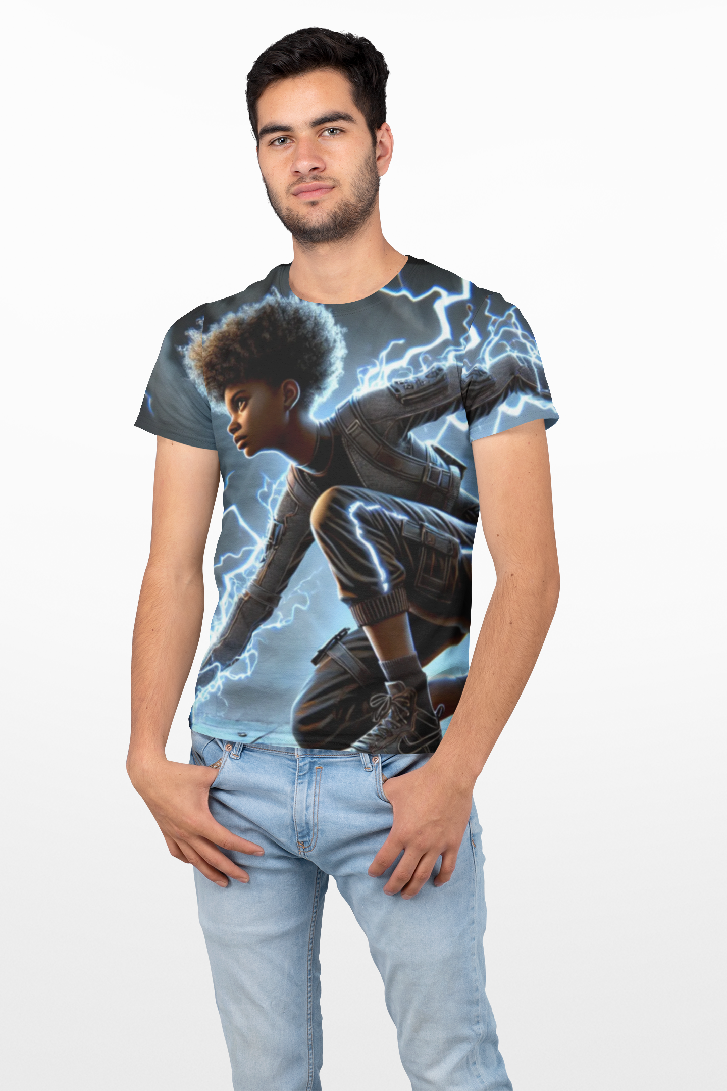 Electric Youth Graphic Tee — Lightning Superhero AOP Shirt