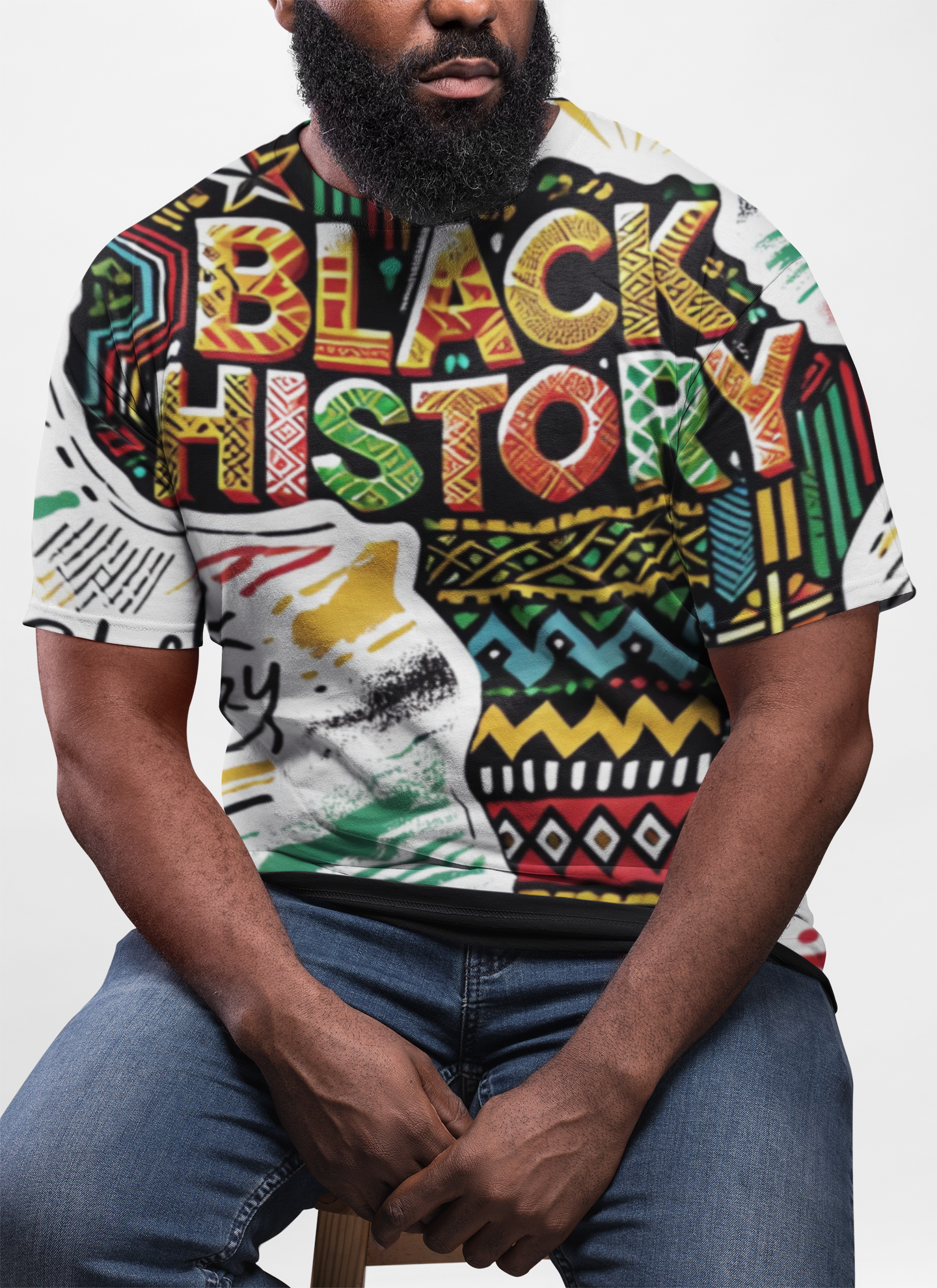 Black History All-Over Print Tee — Bold Afrocentric Pattern & "Black History" Design