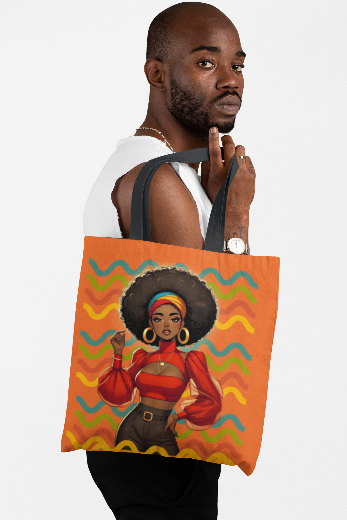 Afro Diva Fashion Tote Bag — Bold Retro Orange Art Print
