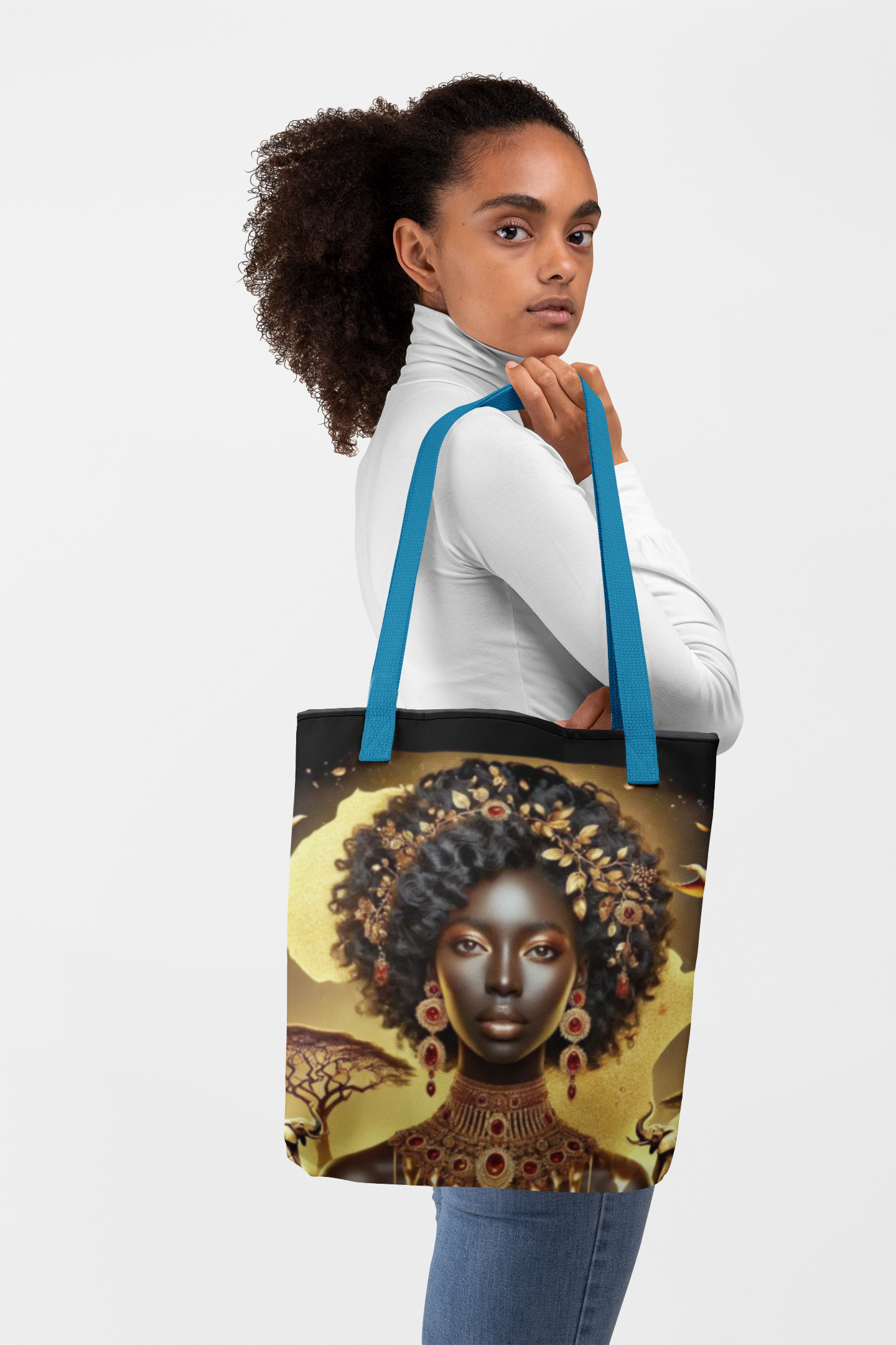 African Goddess Art Tote Bag – Gold Afrocentric Portrait Tote