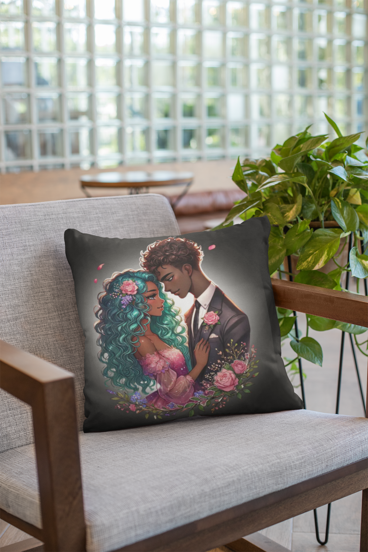 Romantic Floral Couple Throw Pillow — Illustrated Black Love Decorative Cushion