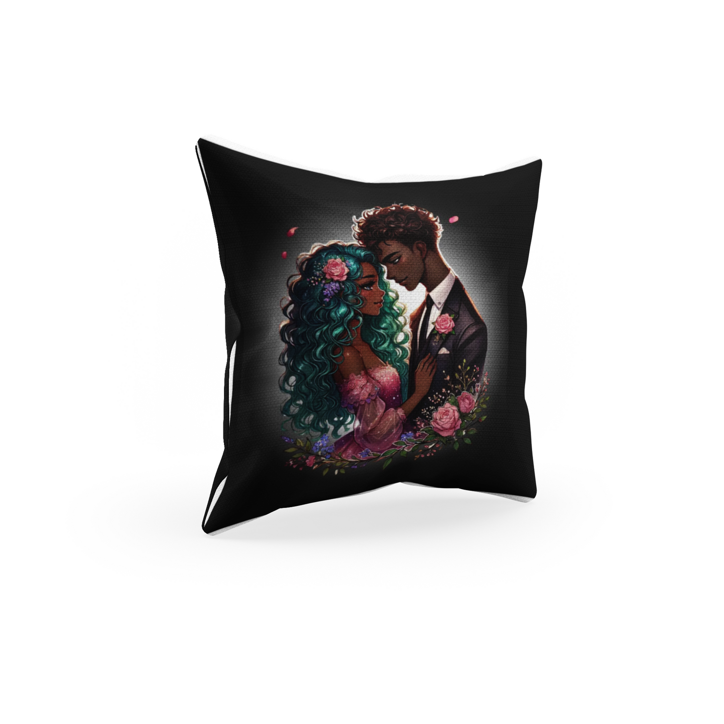 Romantic Floral Couple Throw Pillow — Illustrated Black Love Decorative Cushion