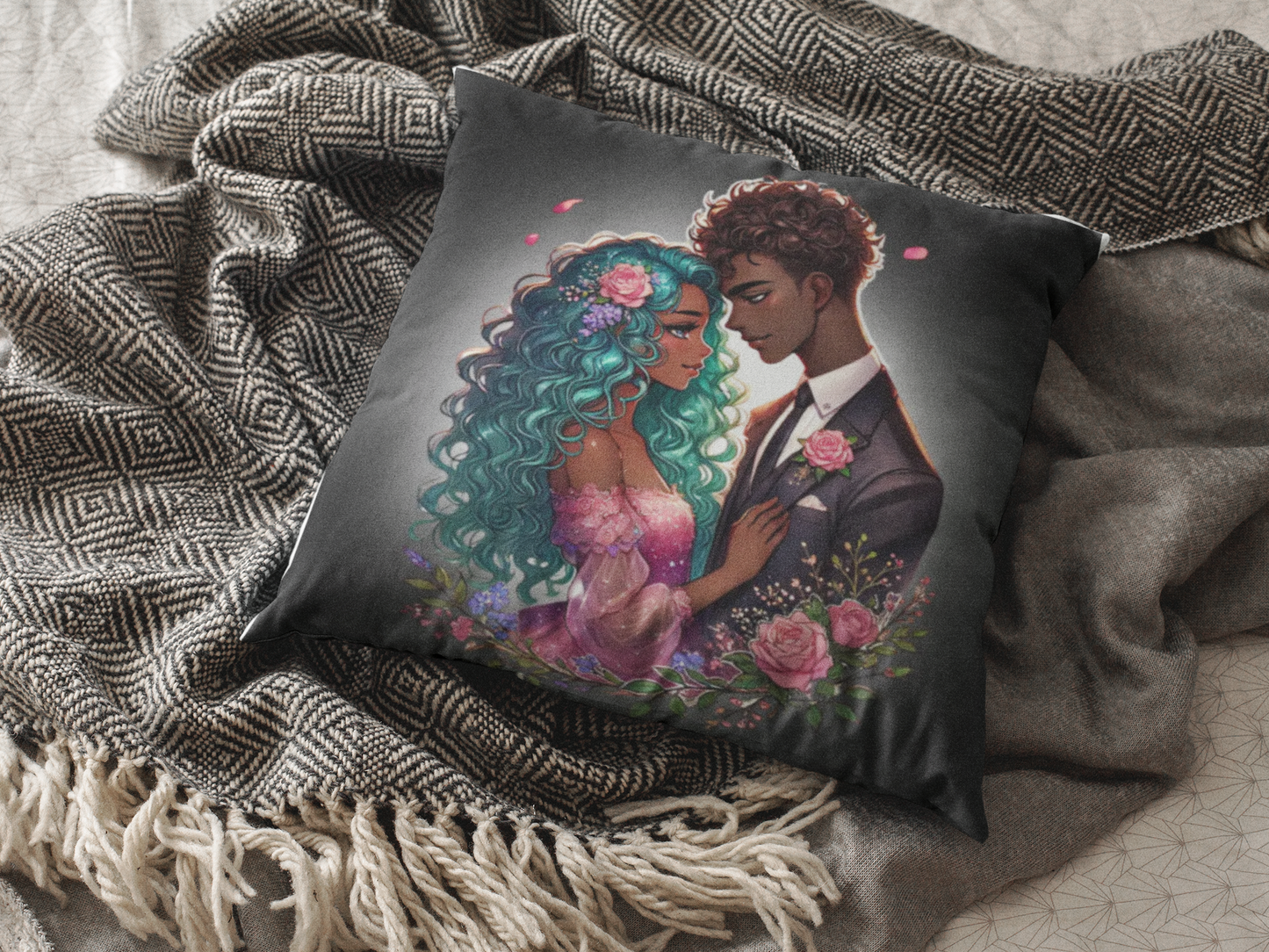 Romantic Floral Couple Throw Pillow — Illustrated Black Love Decorative Cushion