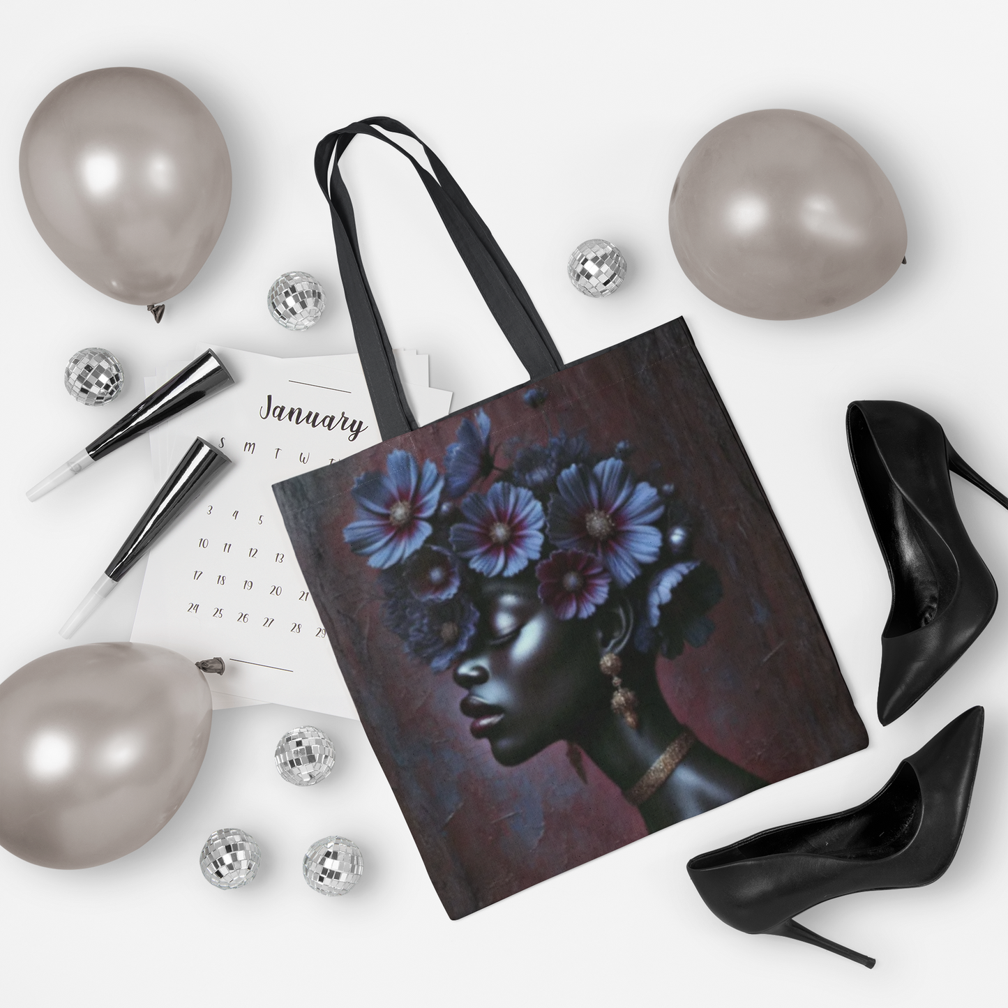 Black Woman Floral Afro Tote Bag | Floral Portrait AOP