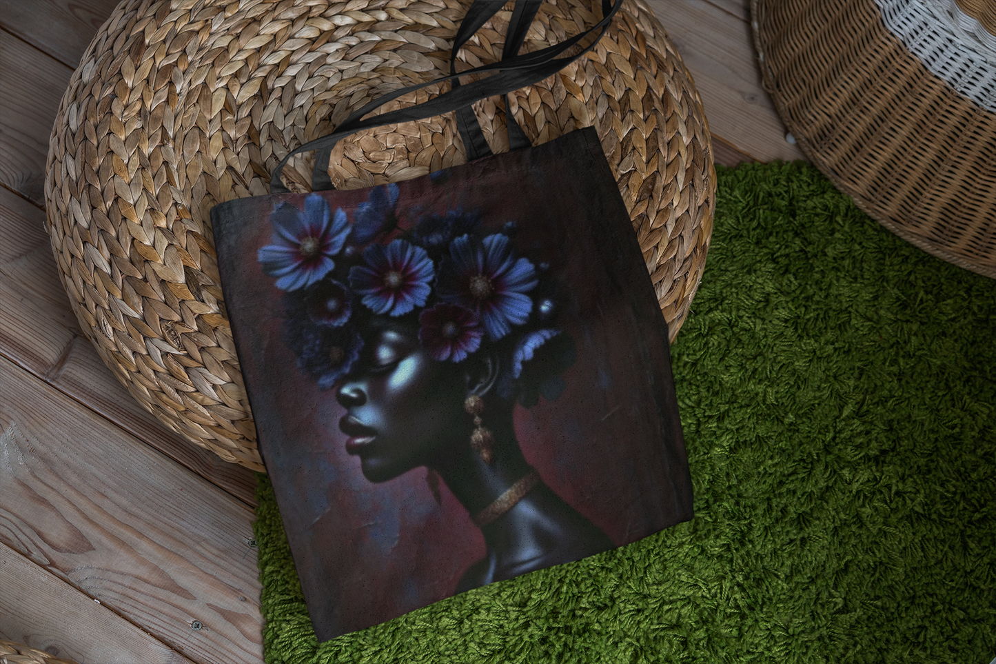Black Woman Floral Afro Tote Bag | Floral Portrait AOP