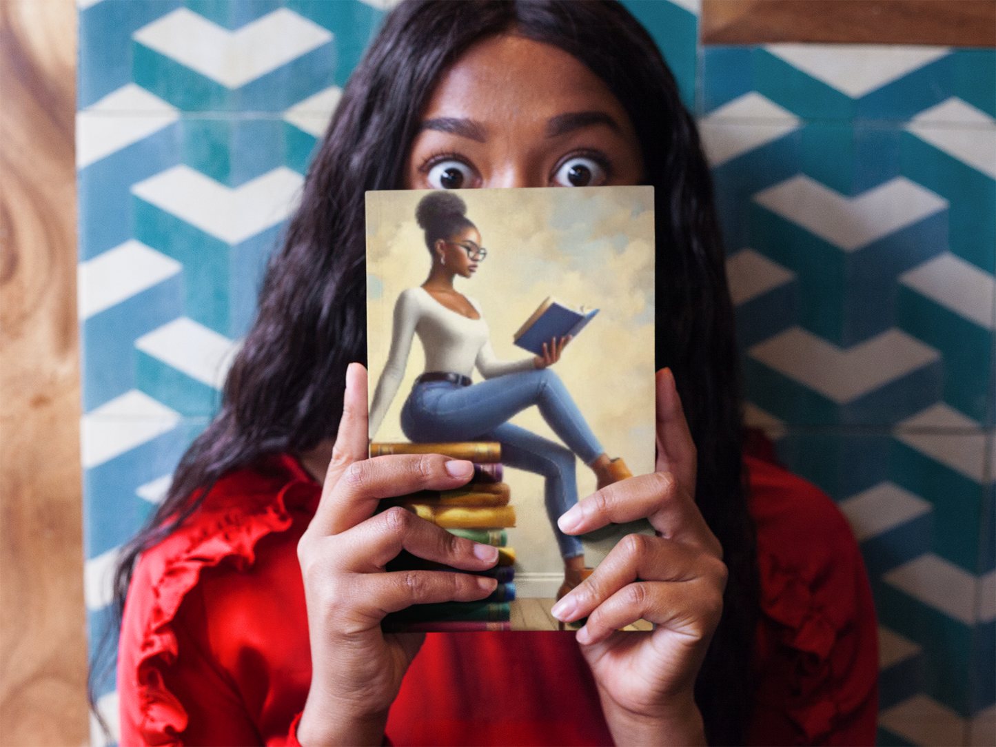 Stylish Black Woman Reading on Stack of Books Hardcover Journal